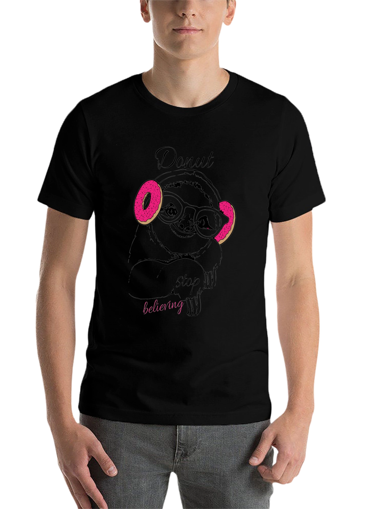 Black Donut Stop Believing Sloth T-Shirt - Funny Graphic Tee view 7