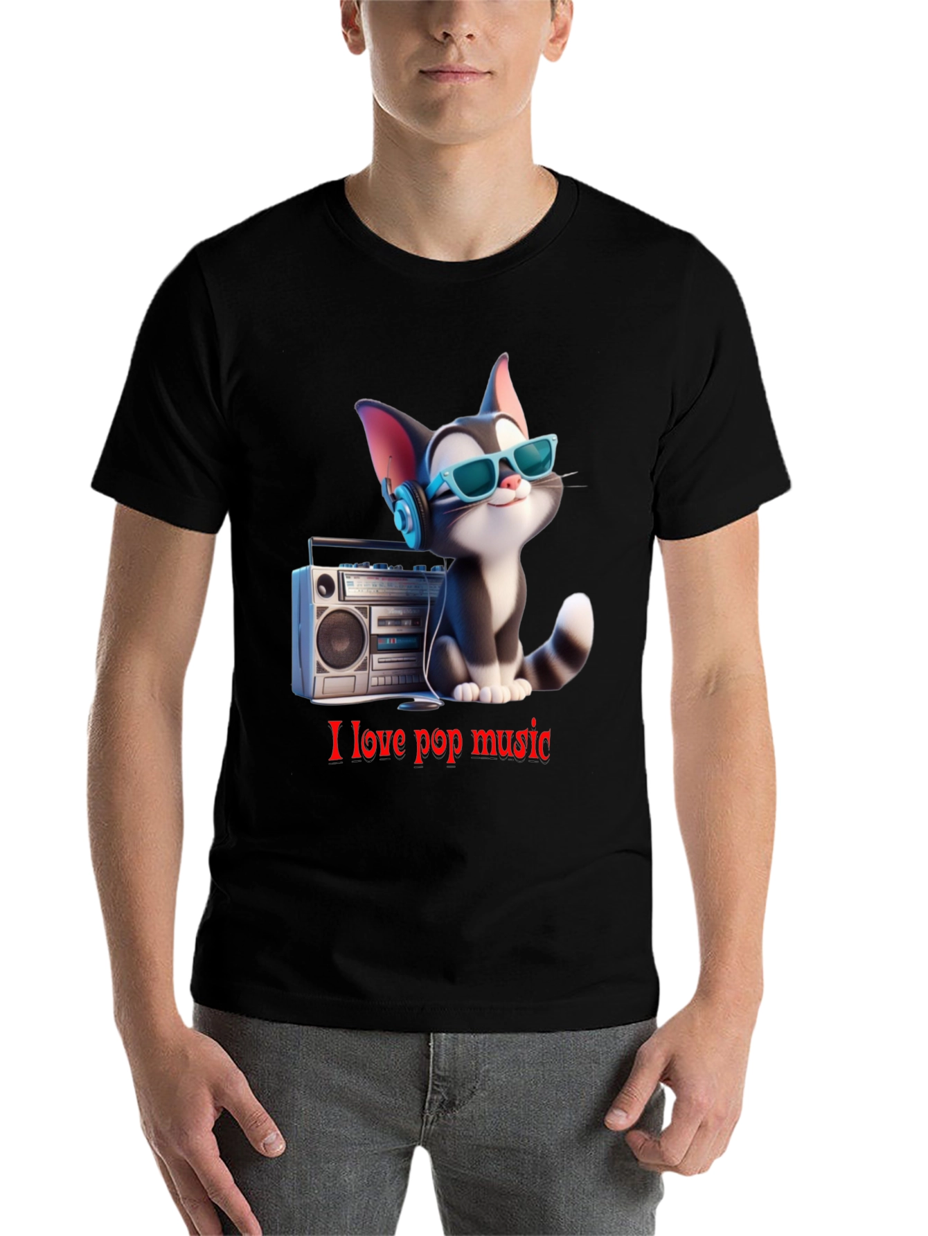 Black Cool Cat Loves Pop Music T-Shirt view 7