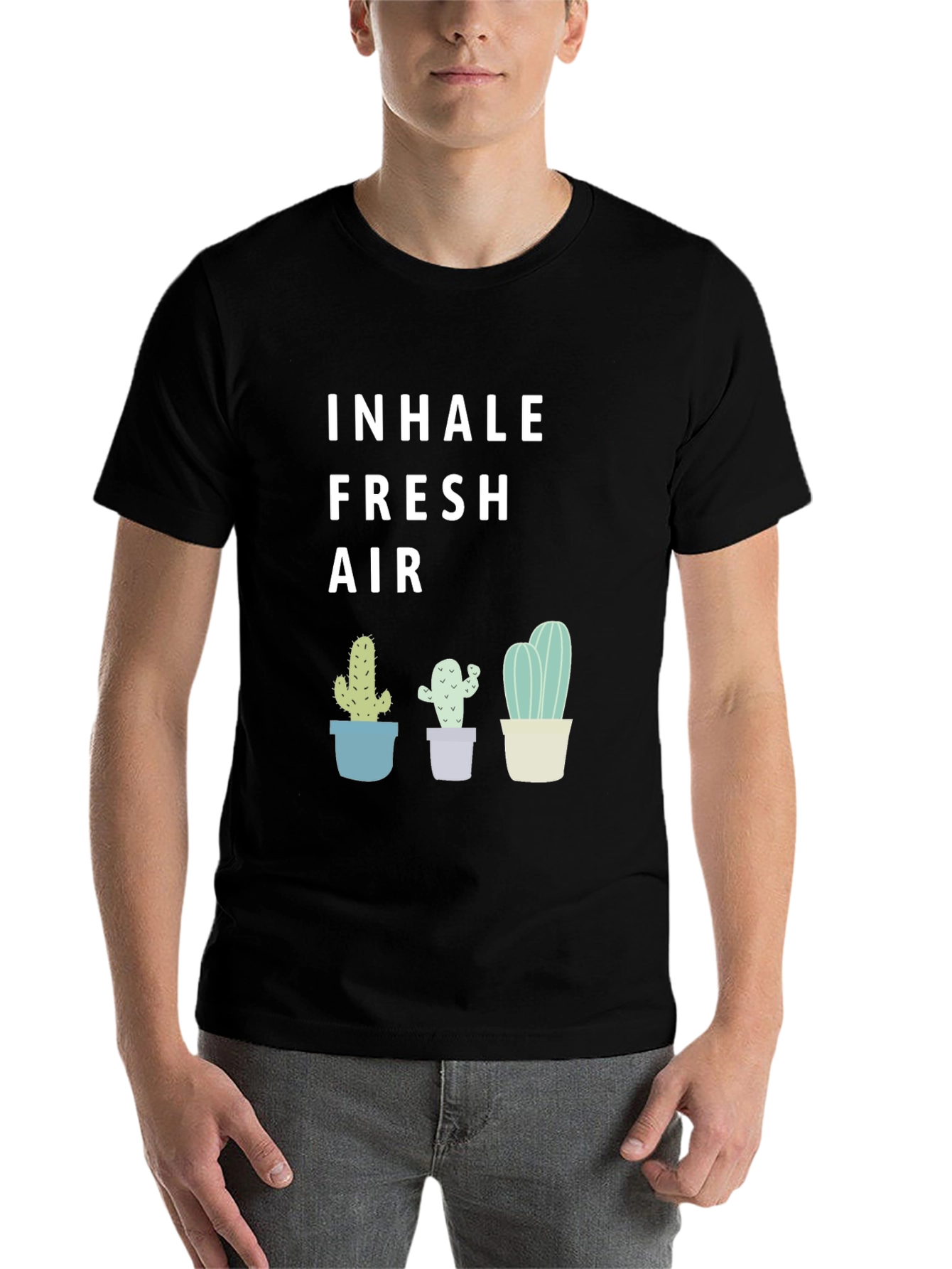Black Inhale Fresh Air Cactus Graphic Tee - Unisex view 7
