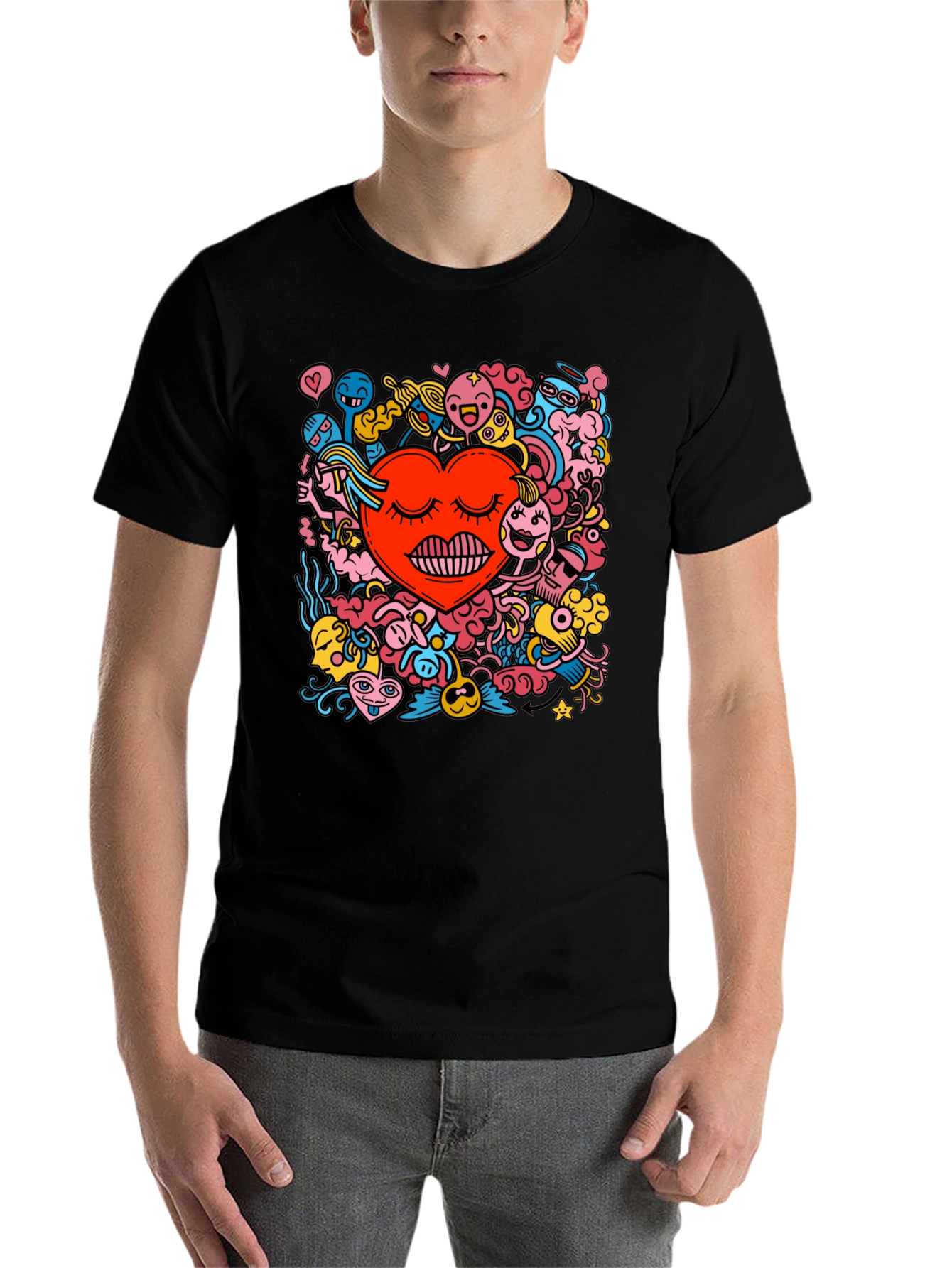 Black Heart Doodle Graphic Tee - Black Cotton Casual T-Shirt view 7