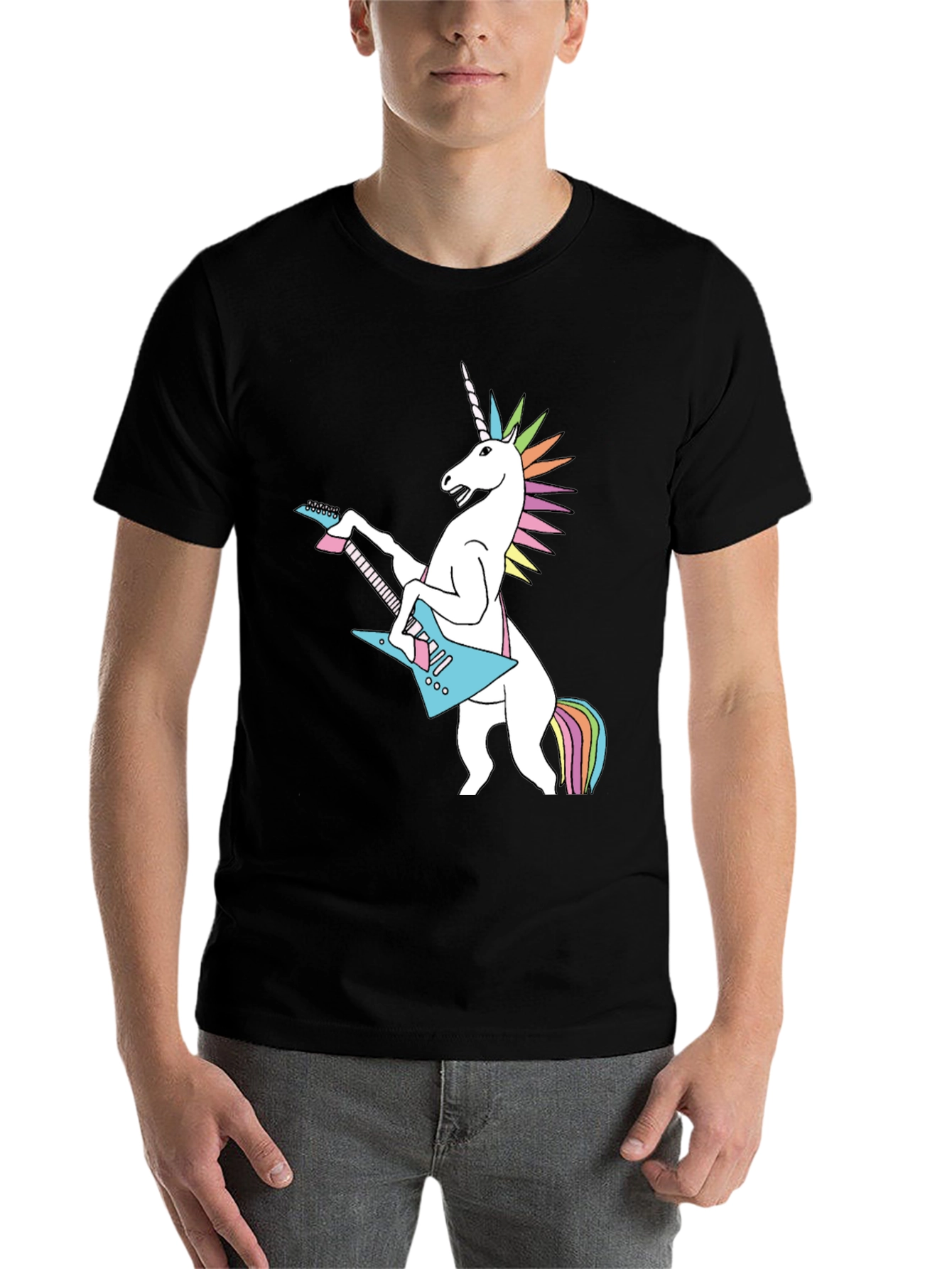 Black Unicorn Rock Guitar Black T-Shirt - Novelty Graphic Tee view 7