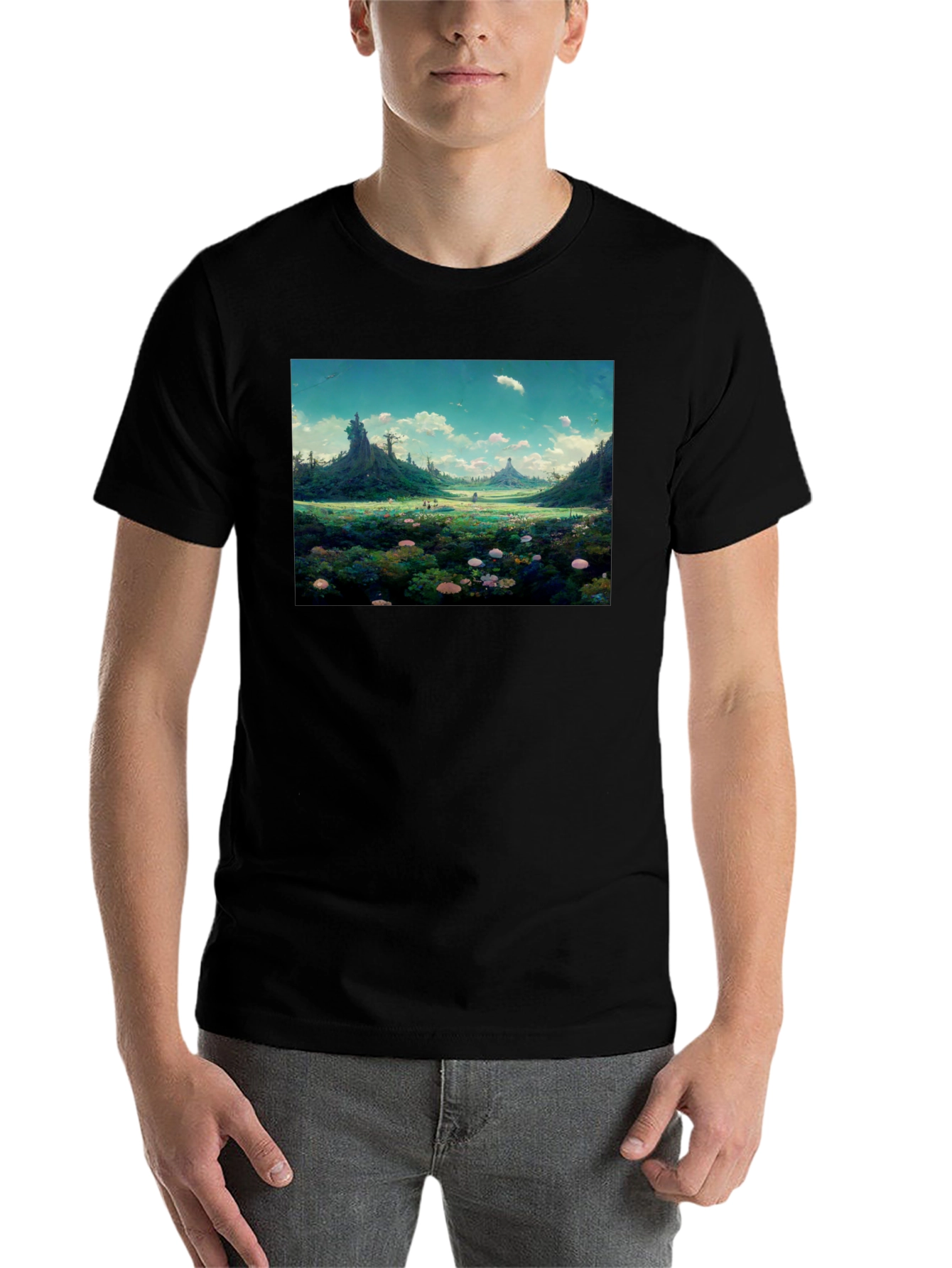 Black Whimsical Landscape Graphic Tee - Nature Lover's Shirt view 7