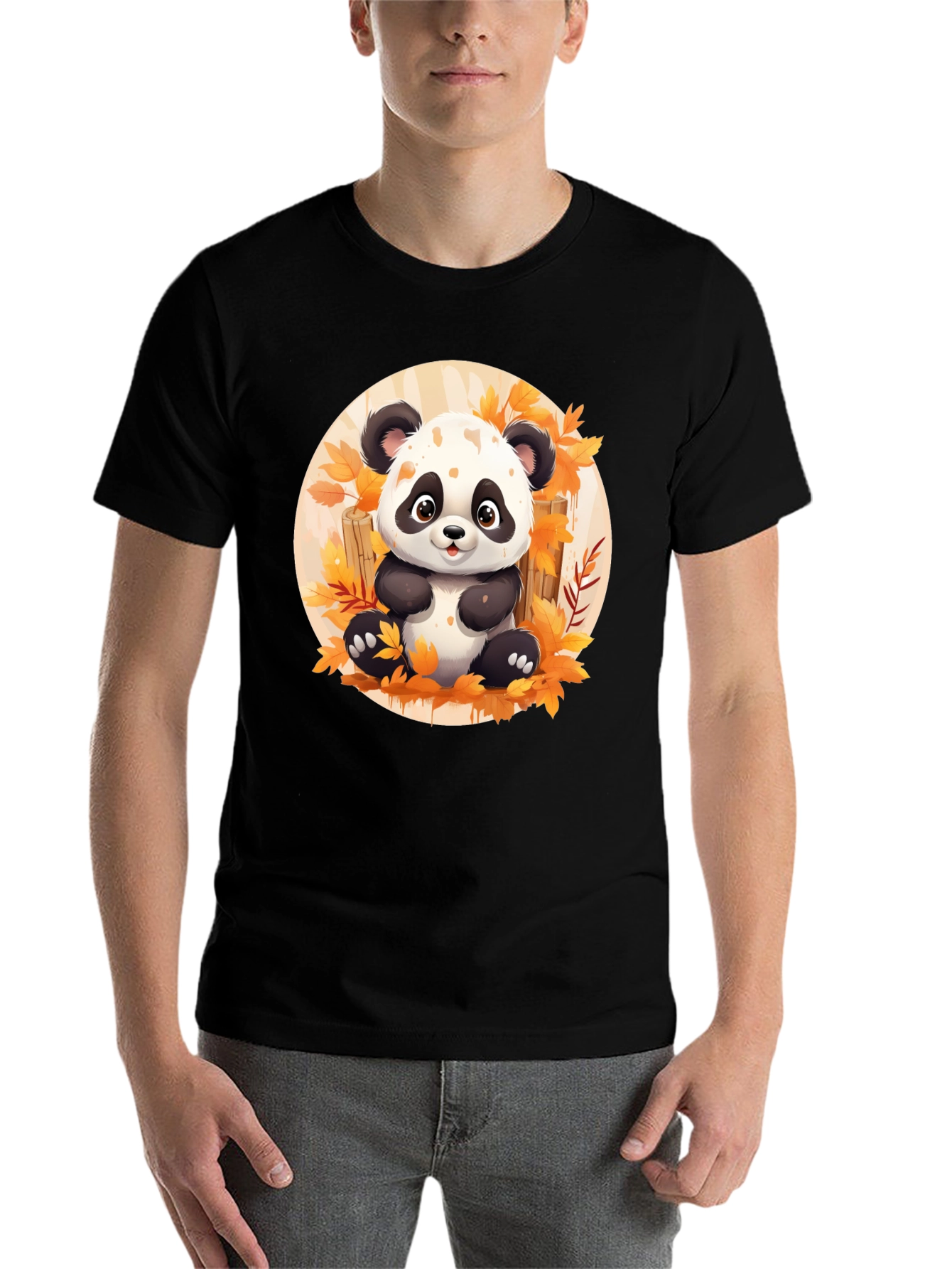 Black Cute Panda T-Shirt - Autumn Leaves Design view 7