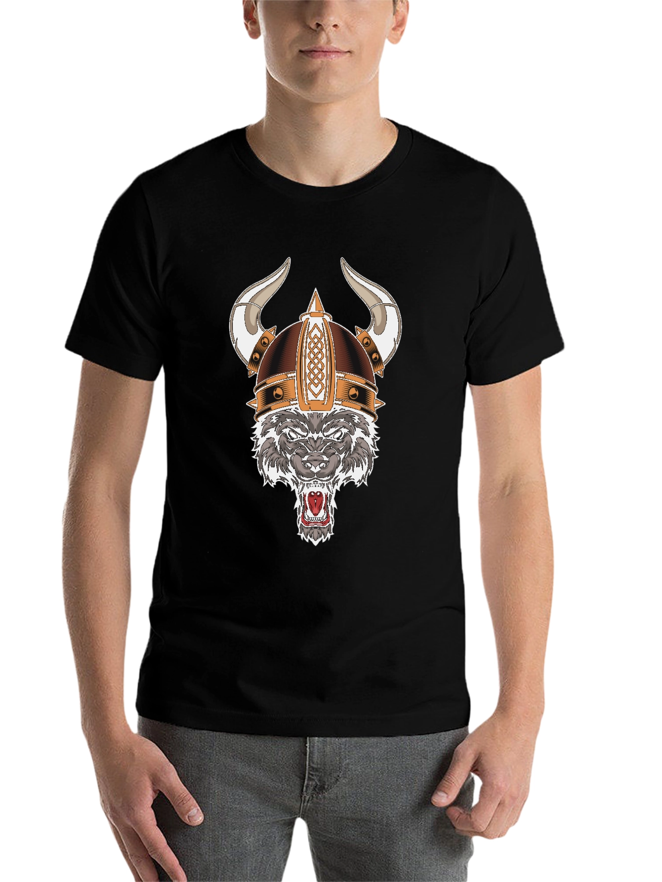 Black Wolf Viking Helmet T-Shirt view 7