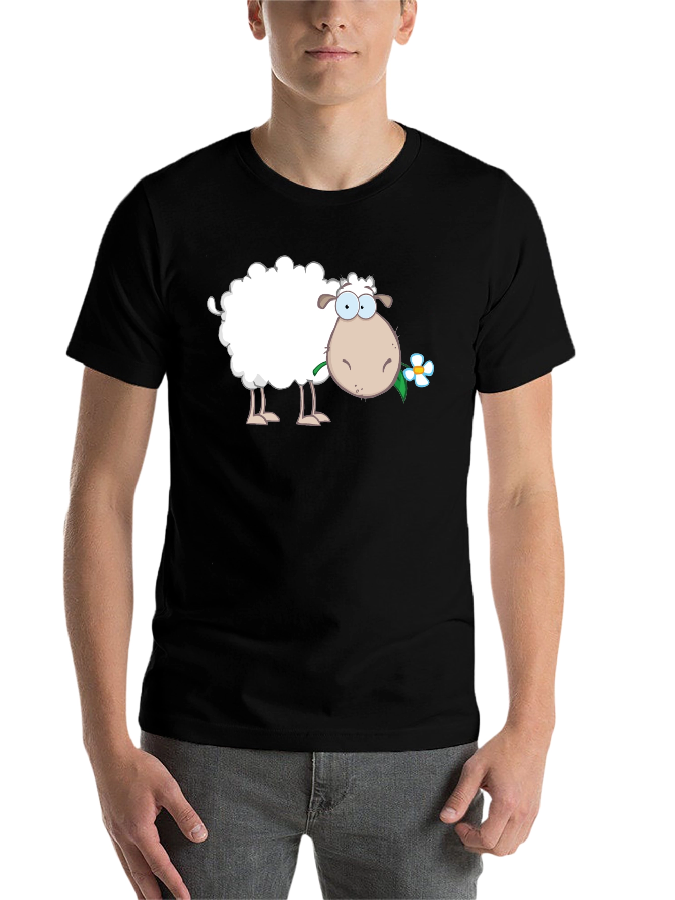 Black Funny Sheep with Flower Black T-Shirt view 7