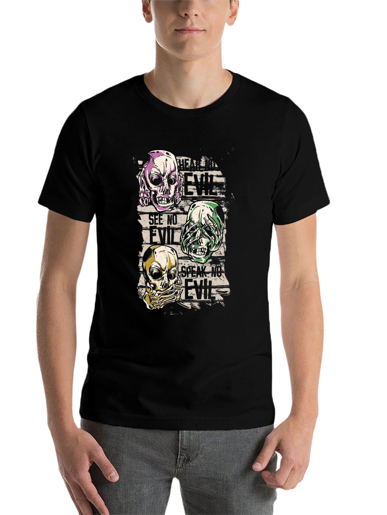 Hear See Speak No Evil Skull Graphic T-Shirt - 7