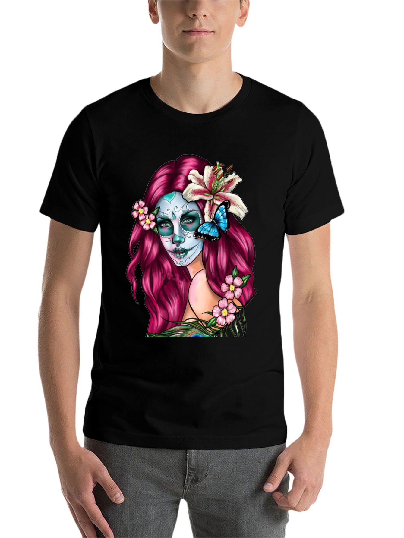 Black Sugar Skull Woman Graphic T-Shirt - Day of the Dead view 7