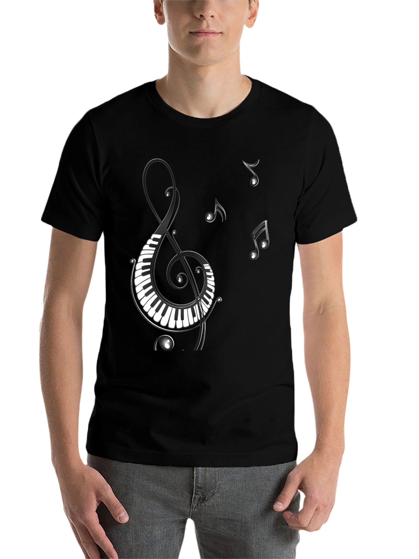 Black Musical Notes Piano Treble Clef Graphic T-Shirt view 7