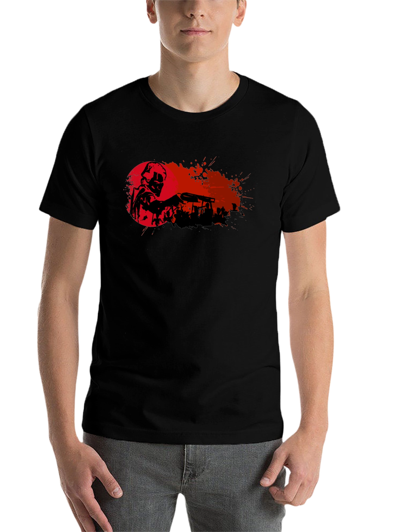 Black Graphic Print T-Shirt - Skull with Gun view 7