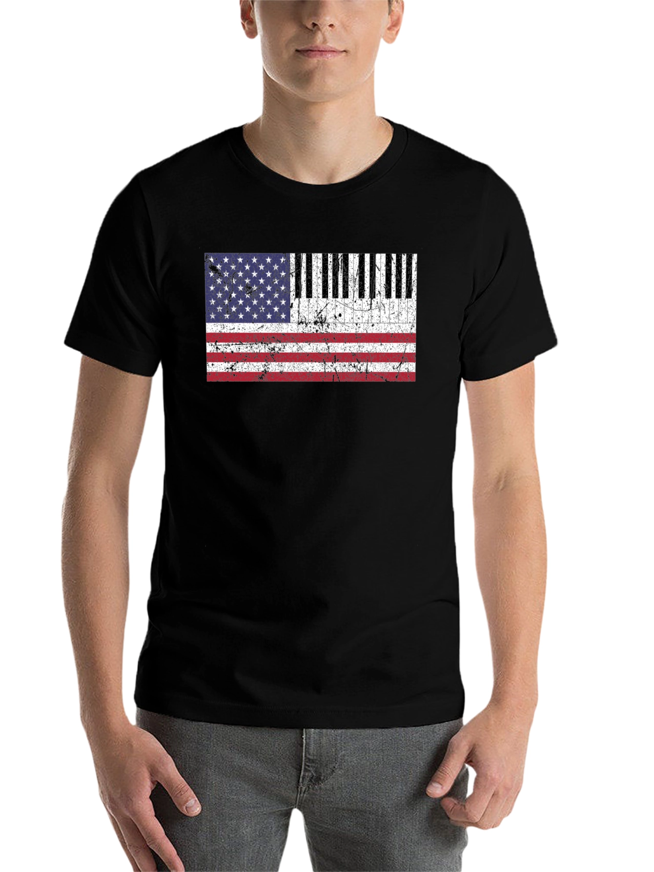 Black Piano Keys American Flag Graphic T-Shirt view 7
