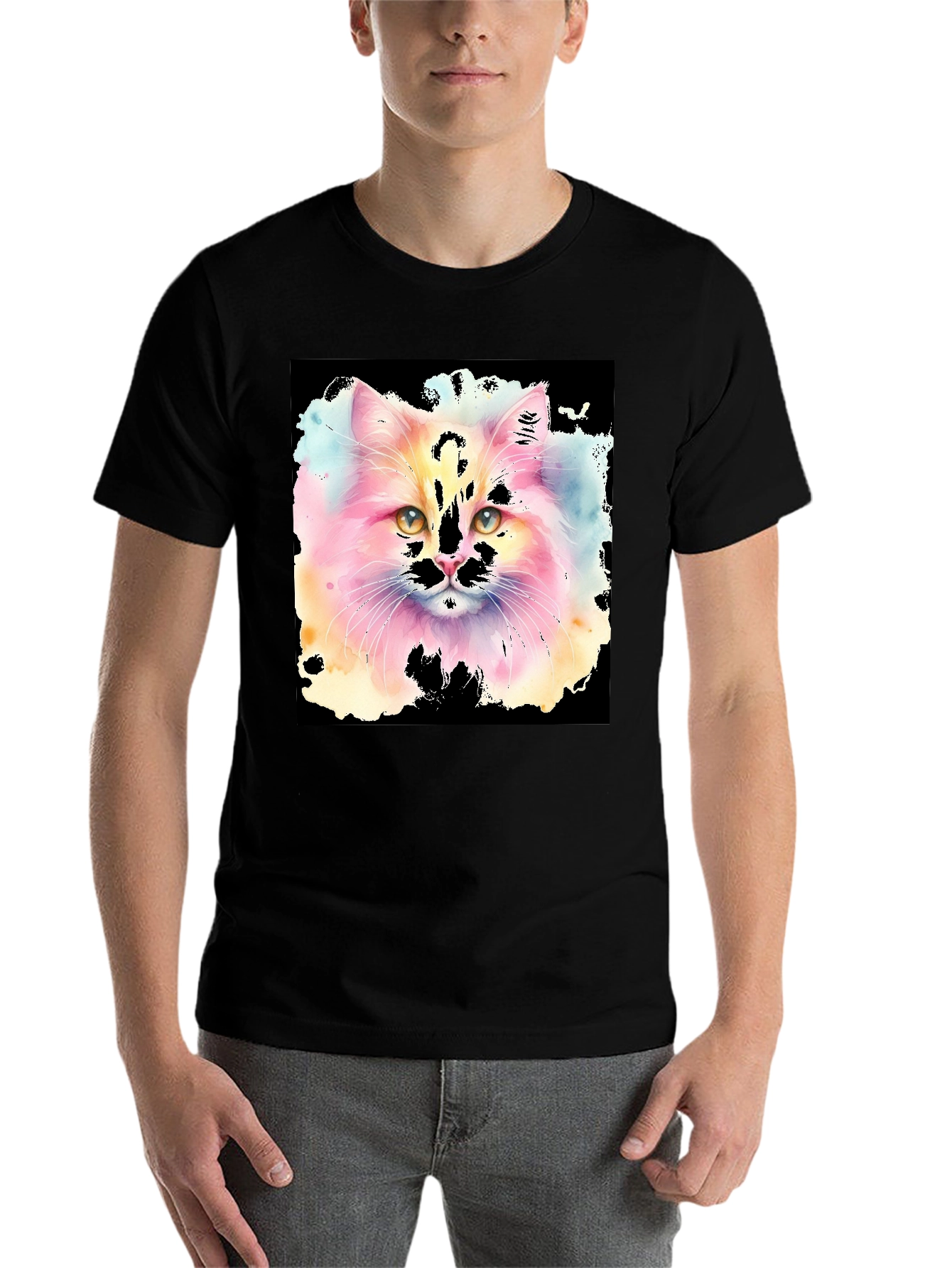 Black Watercolor Cat Graphic Tee - Black Cotton T-Shirt view 7