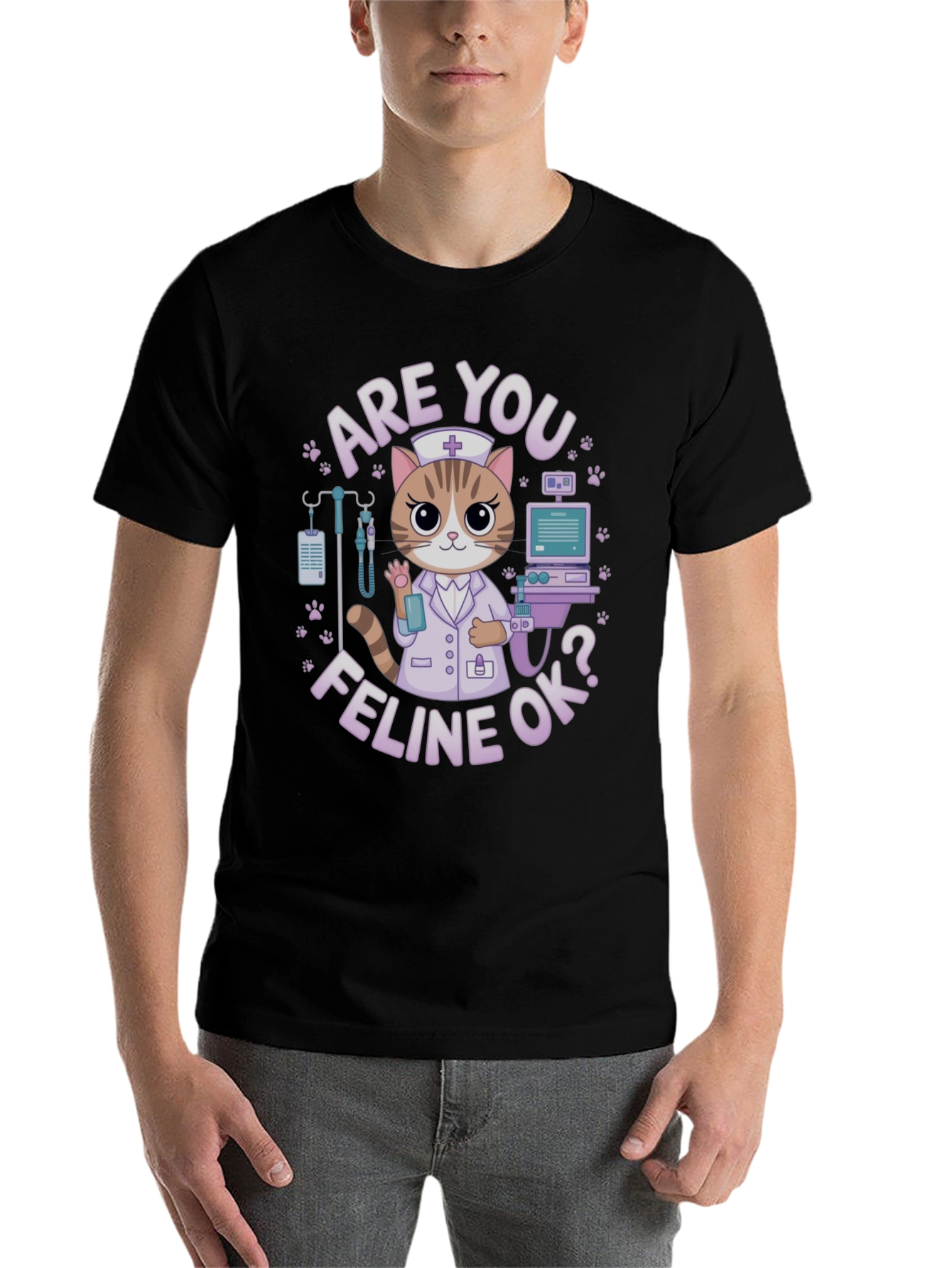 Black Are You Feline Ok? T-Shirt view 7