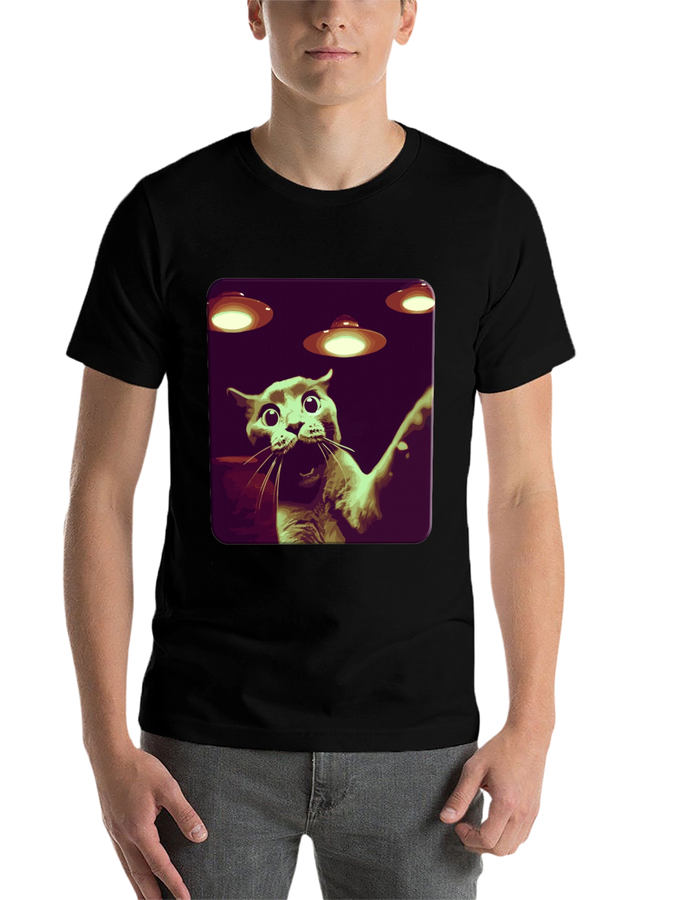 Black Alien Cat Abduction Graphic Tee - Black view 7