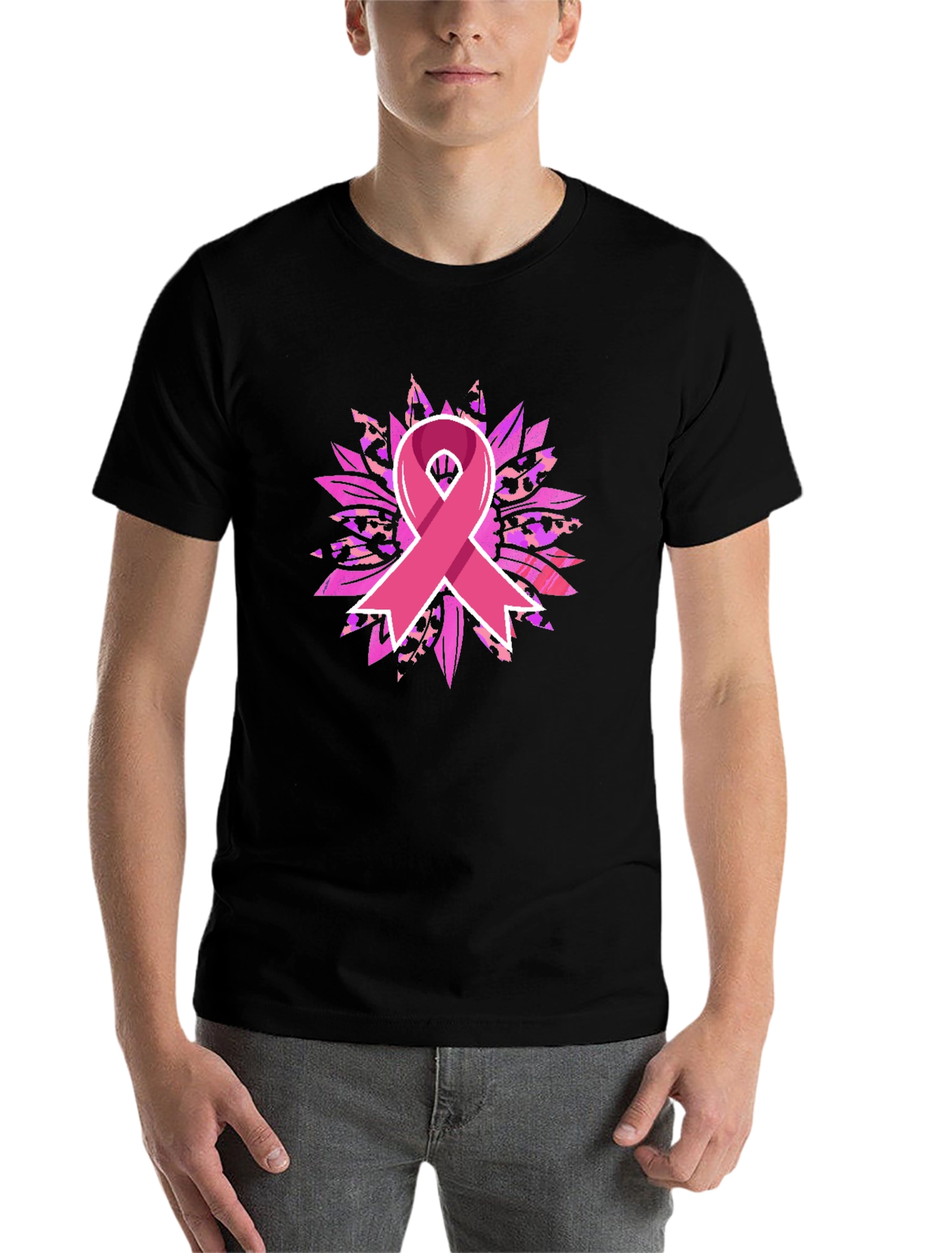 Breast Cancer Awareness Ribbon Sunflower Graphic Tee - 7