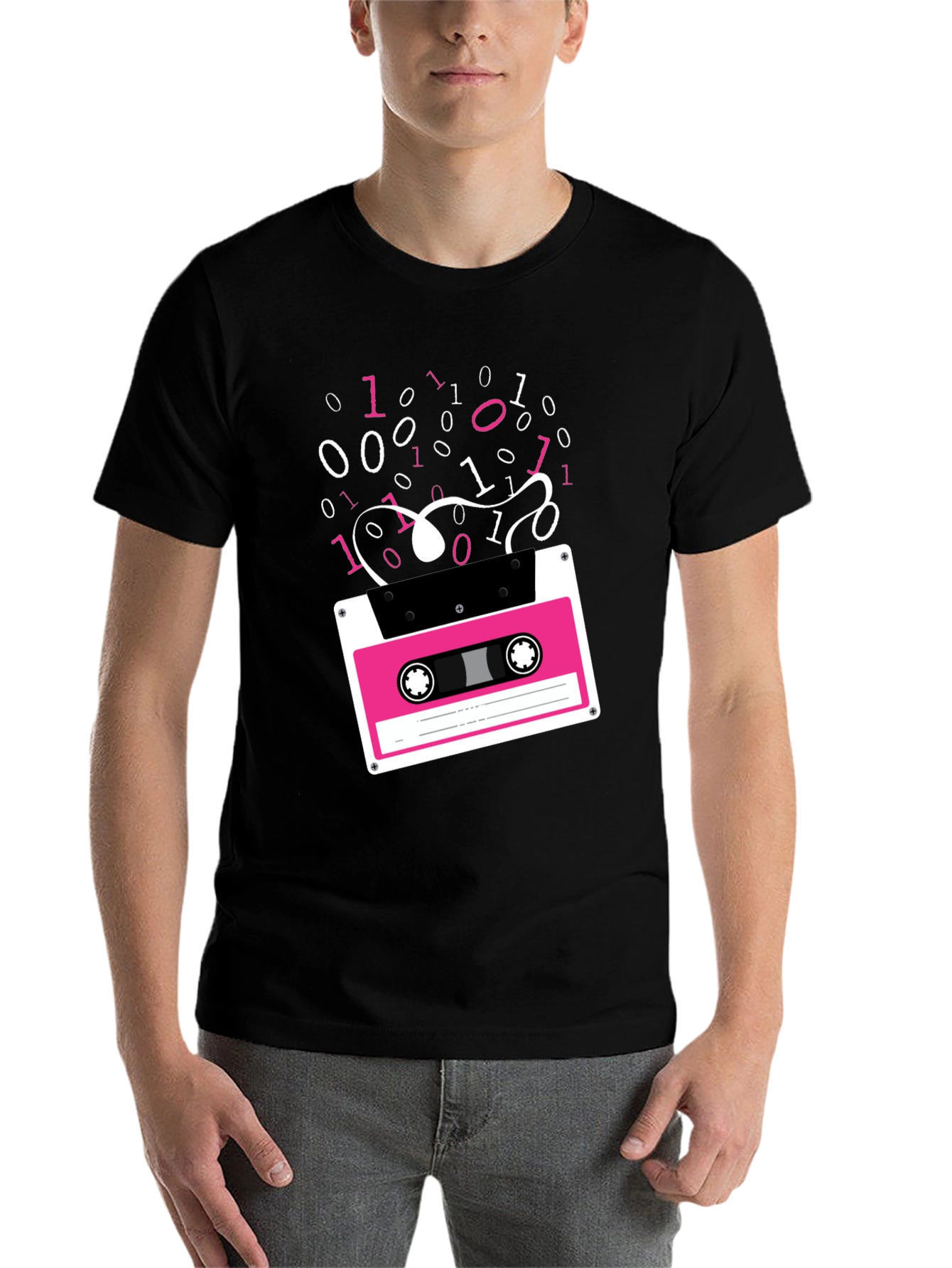 Black Retro Cassette Tape Binary Code Graphic Tee view 7