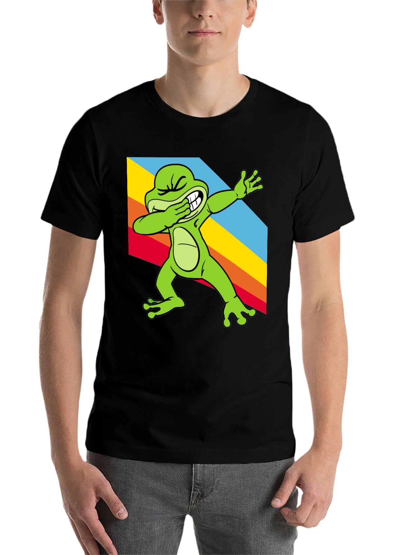 Black Dabbing Frog Tee - Rainbow Dab Cool Graphic T-Shirt view 7