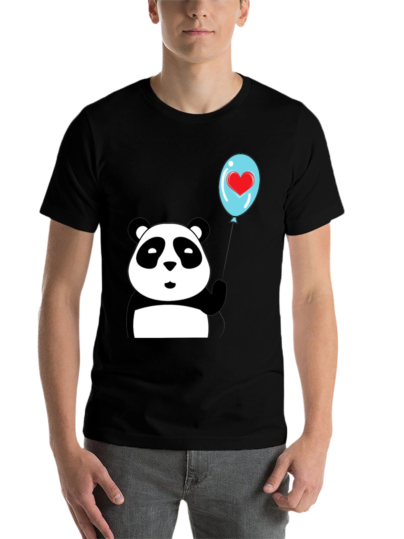 Black Cute Panda with Heart Balloon Graphic Tee view 7
