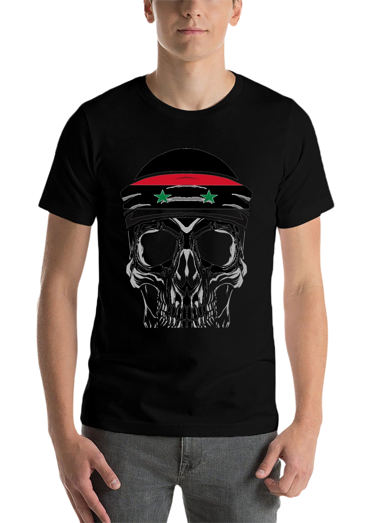Black Skull T-Shirt with Syrian Flag Headband - Men's view 7