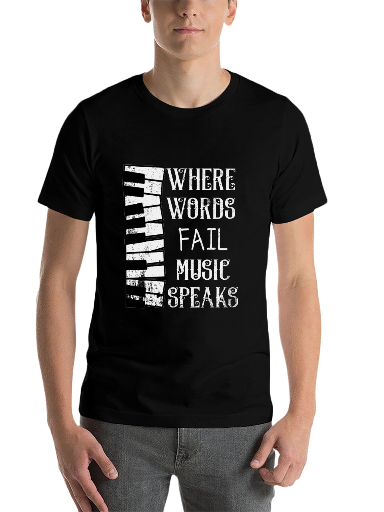 Black Music Speaks T-Shirt - Piano Keyboard Design view 7