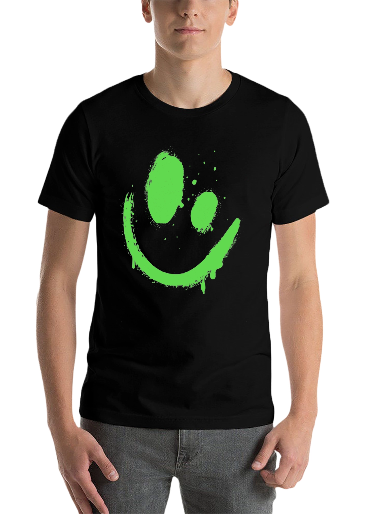Black Neon Green Smiley Face Graphic Black T-Shirt view 7