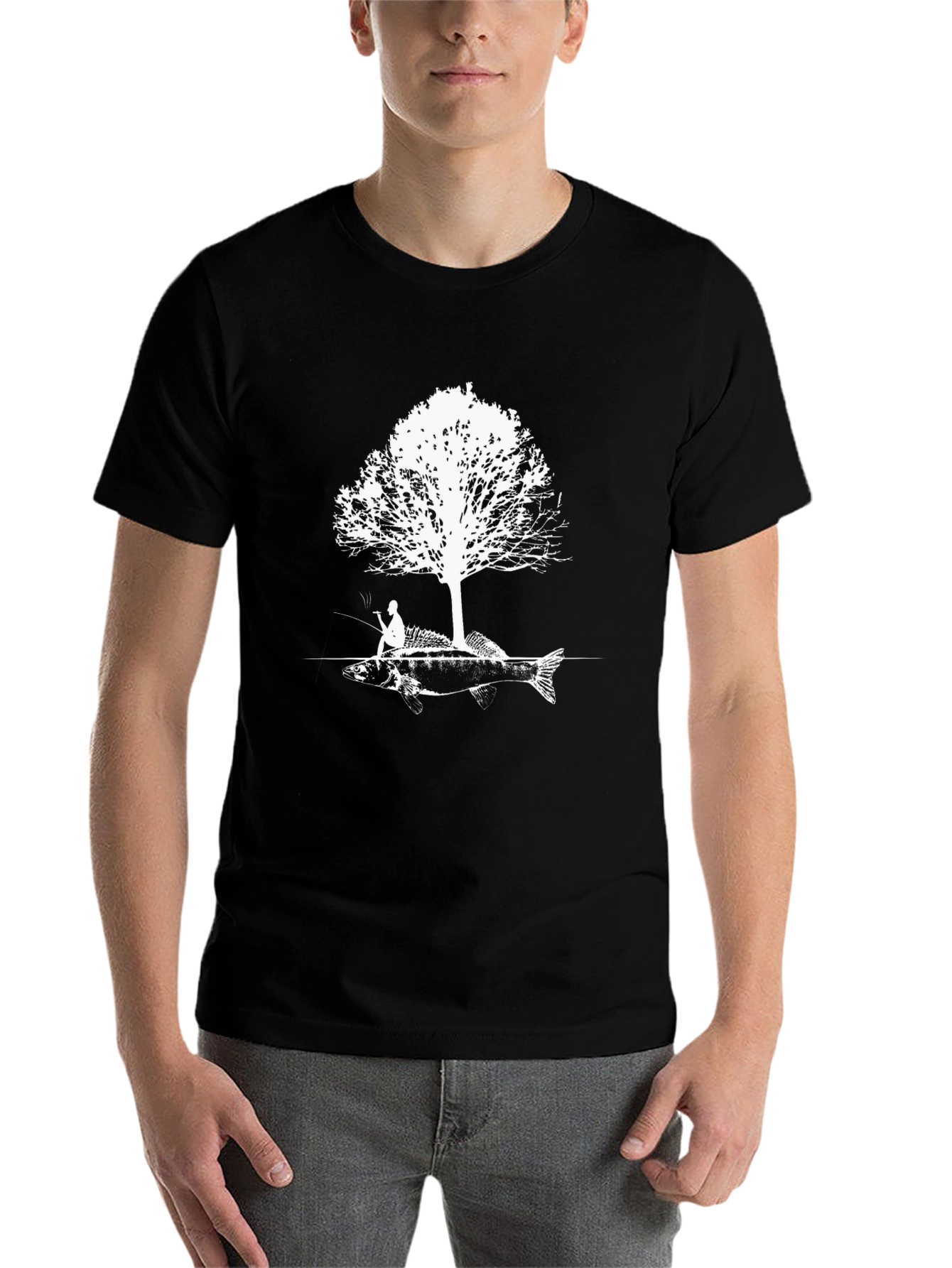 Black Fishing Tee: Fisherman Tree Fish Graphic T-Shirt view 7
