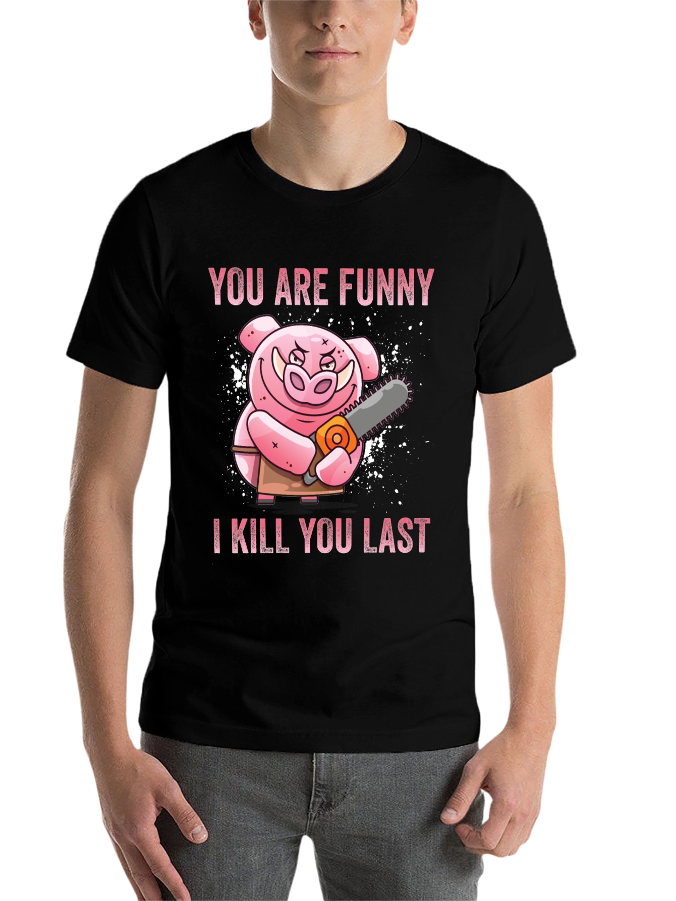 Black Funny Pig with Chainsaw Graphic Tee view 7