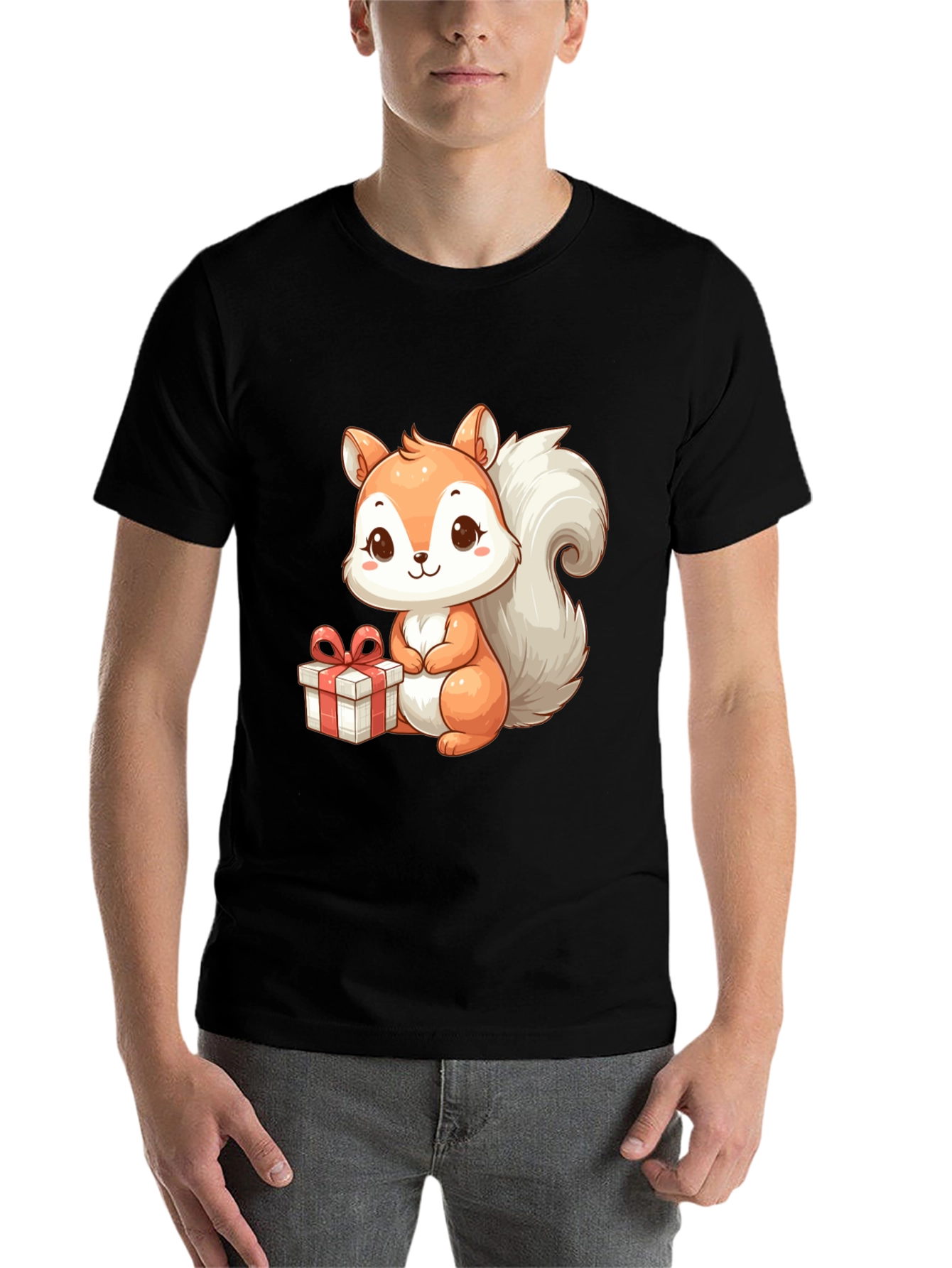 Black Cute Squirrel with Gift - Black T-Shirt view 7