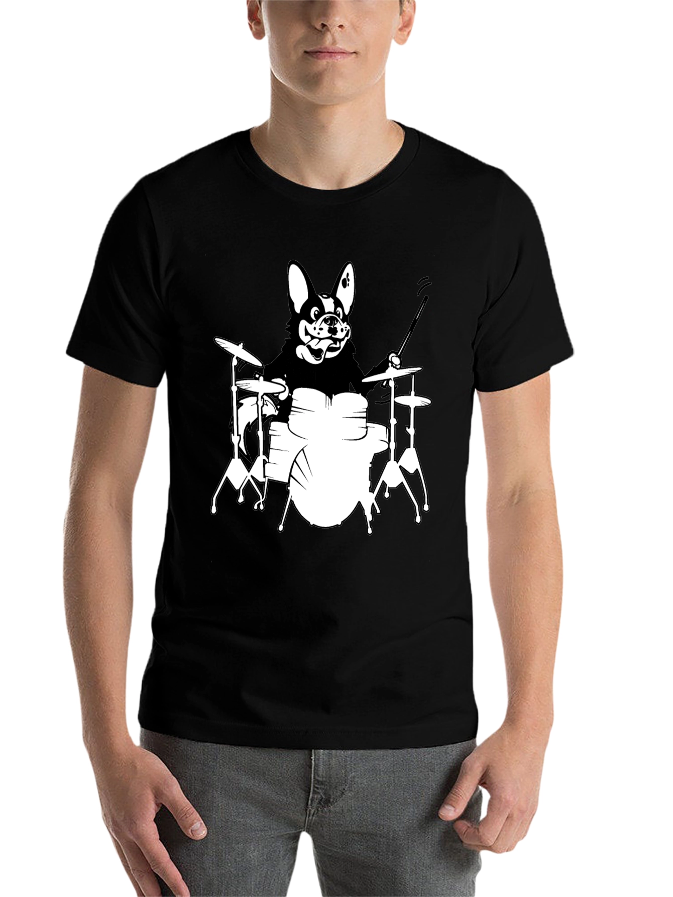 Black Dog Drummer Graphic T-Shirt - Black Unisex Tee view 7