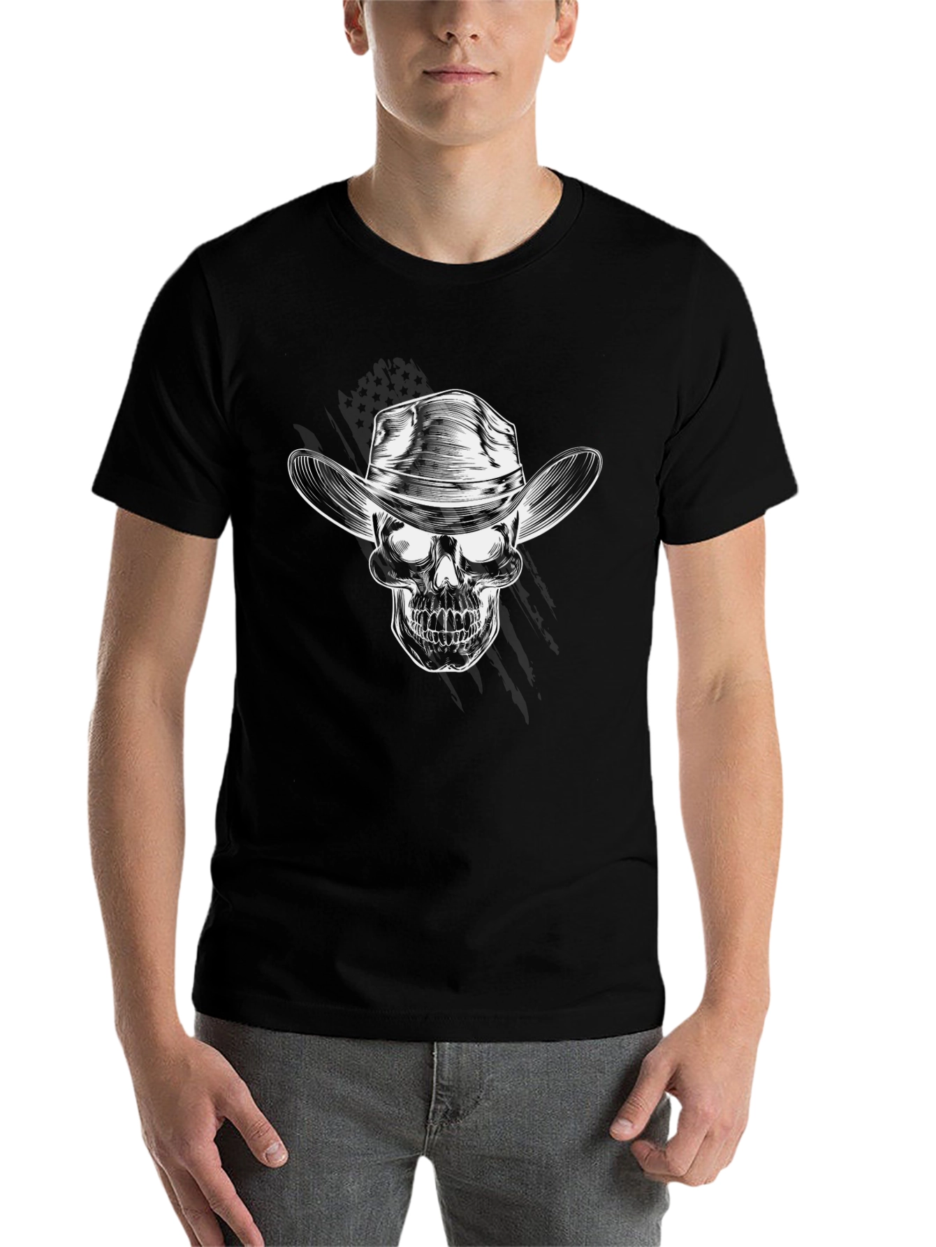 Black Cowboy Skull Graphic Tee - Black Crew Neck T-Shirt view 7
