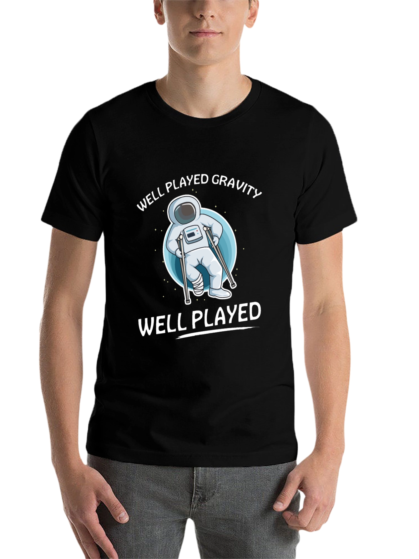 Black Well Played Gravity T-Shirt - Astronaut Humor Tee view 7