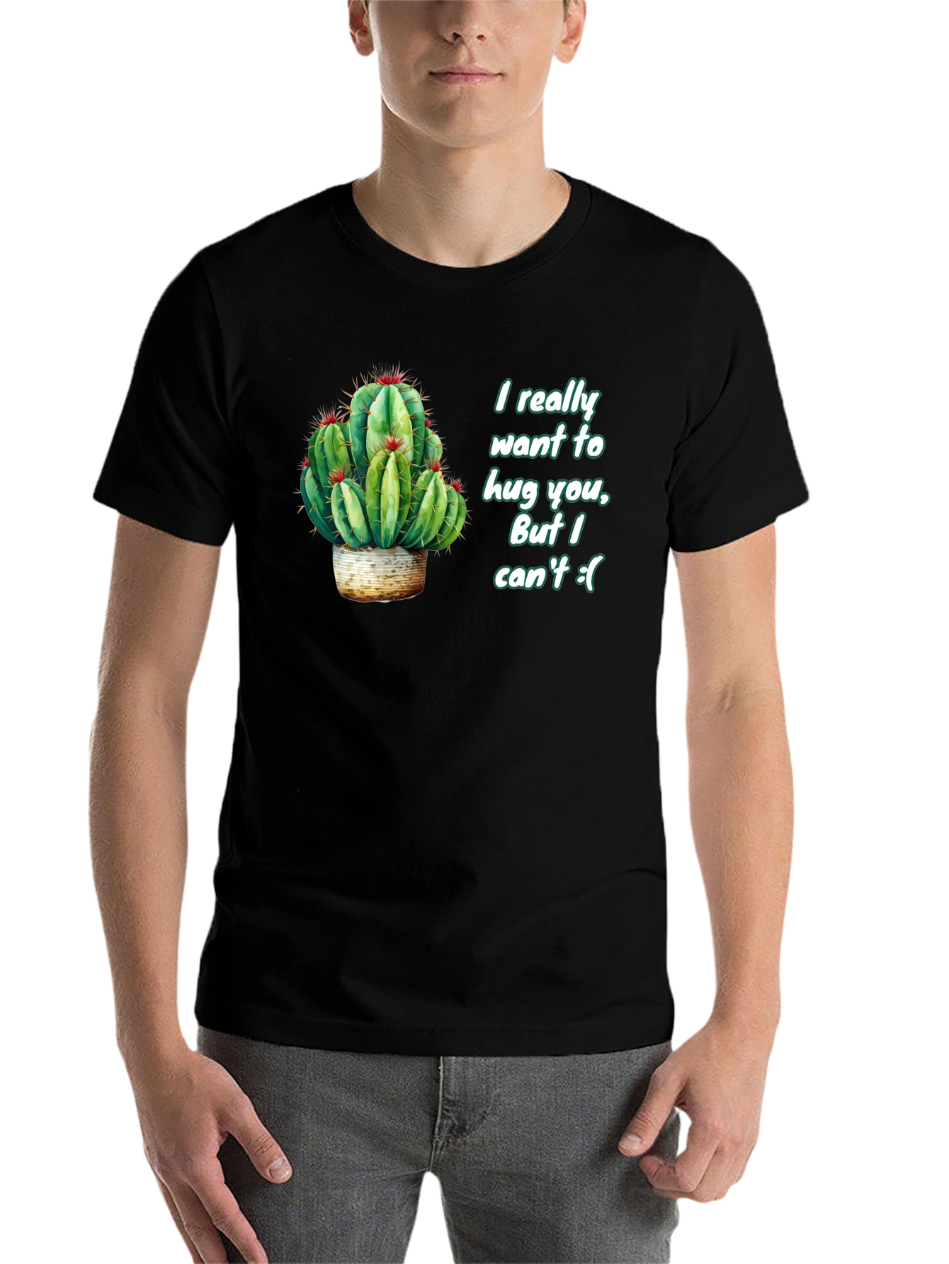Black Cactus Hug Men's Black T-Shirt - Funny Graphic Tee view 7