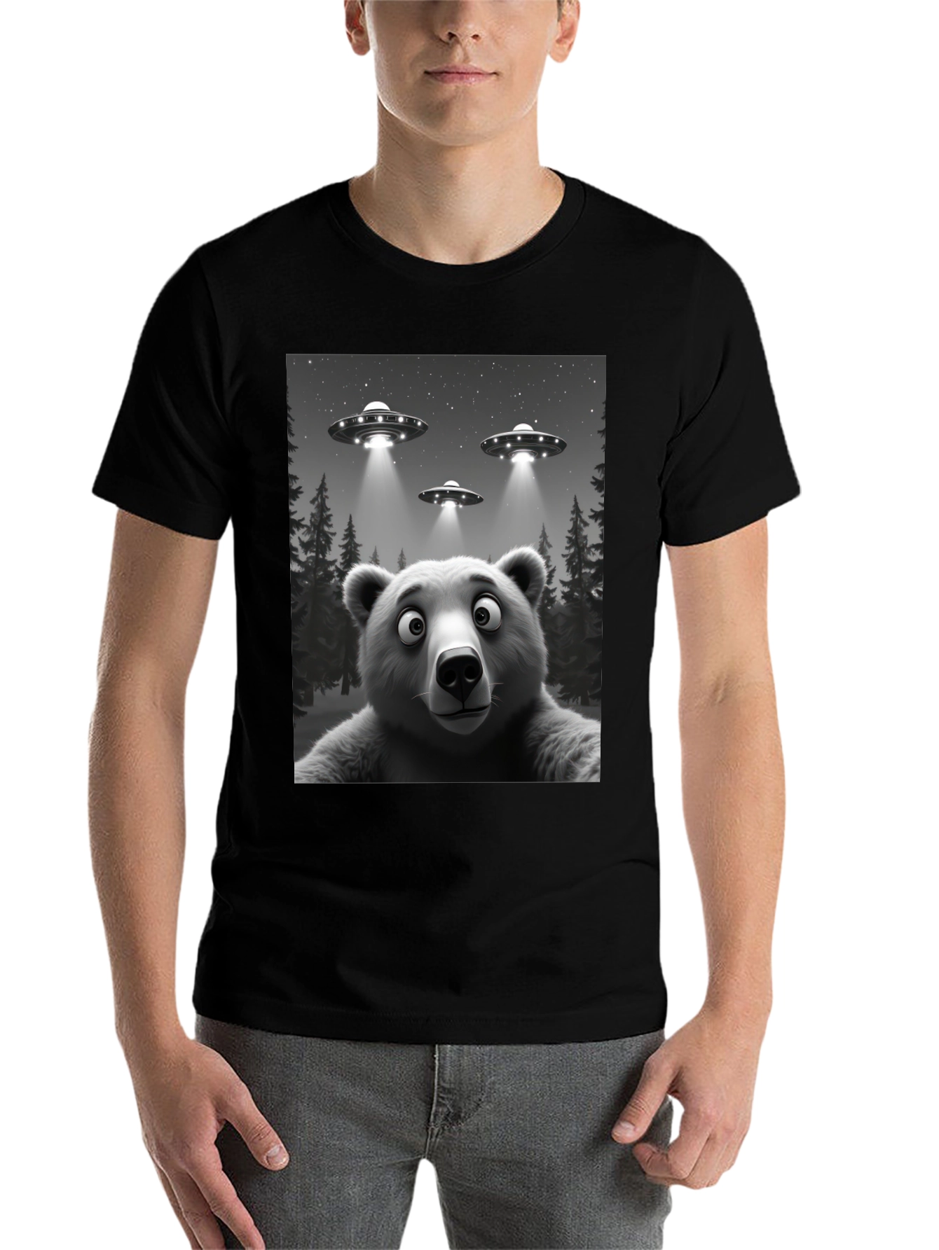Black UFO Bear T-Shirt - Black Cotton Novelty Tee view 7
