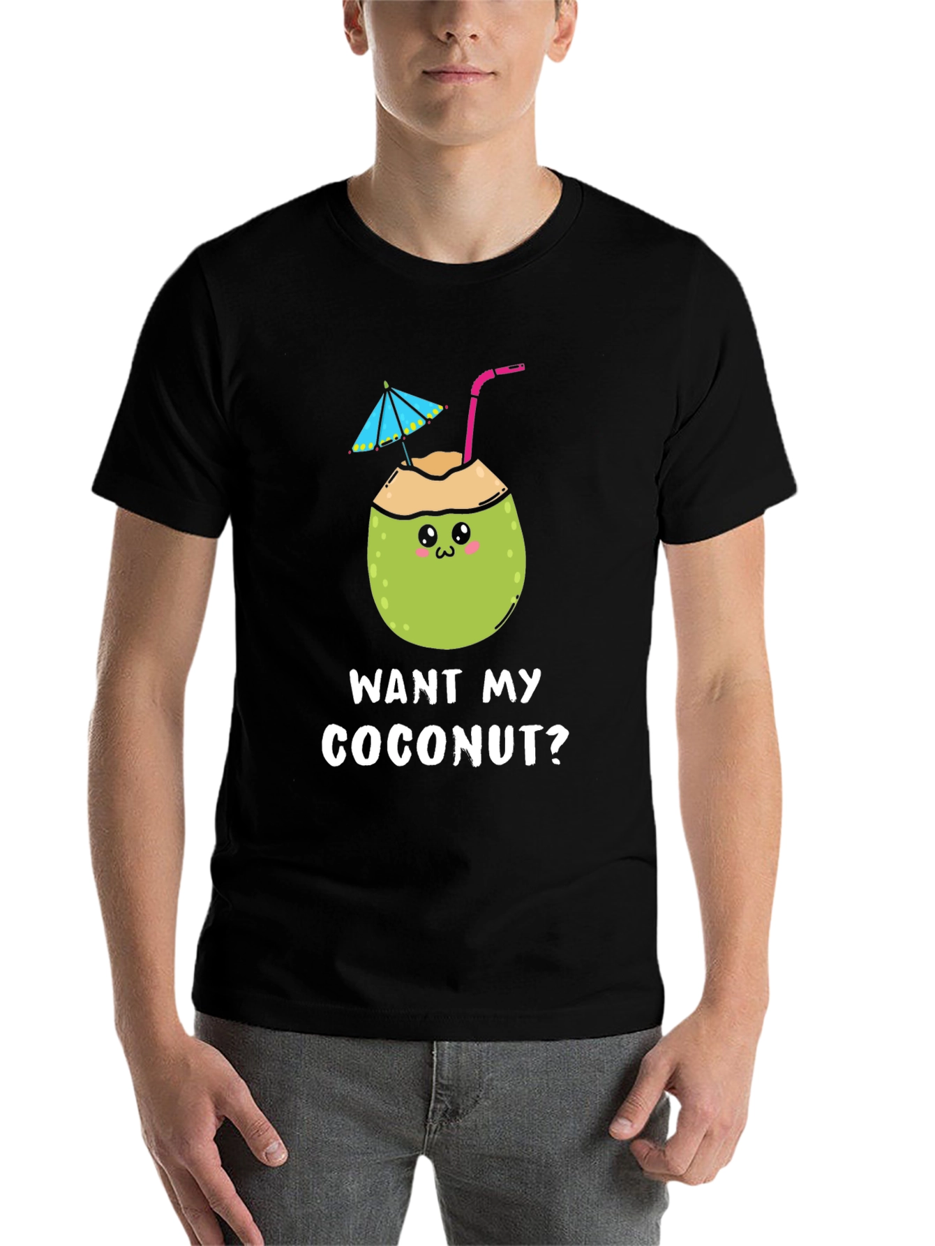 Black Want My Coconut? Novelty Graphic T-Shirt view 7