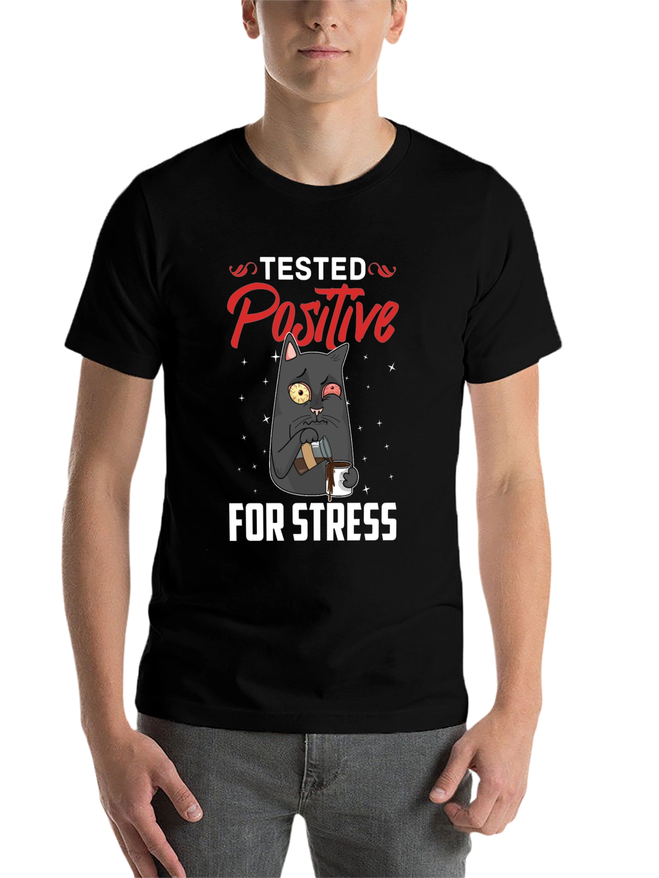 Black Stressed Cat T-Shirt - Tested Positive Design view 7