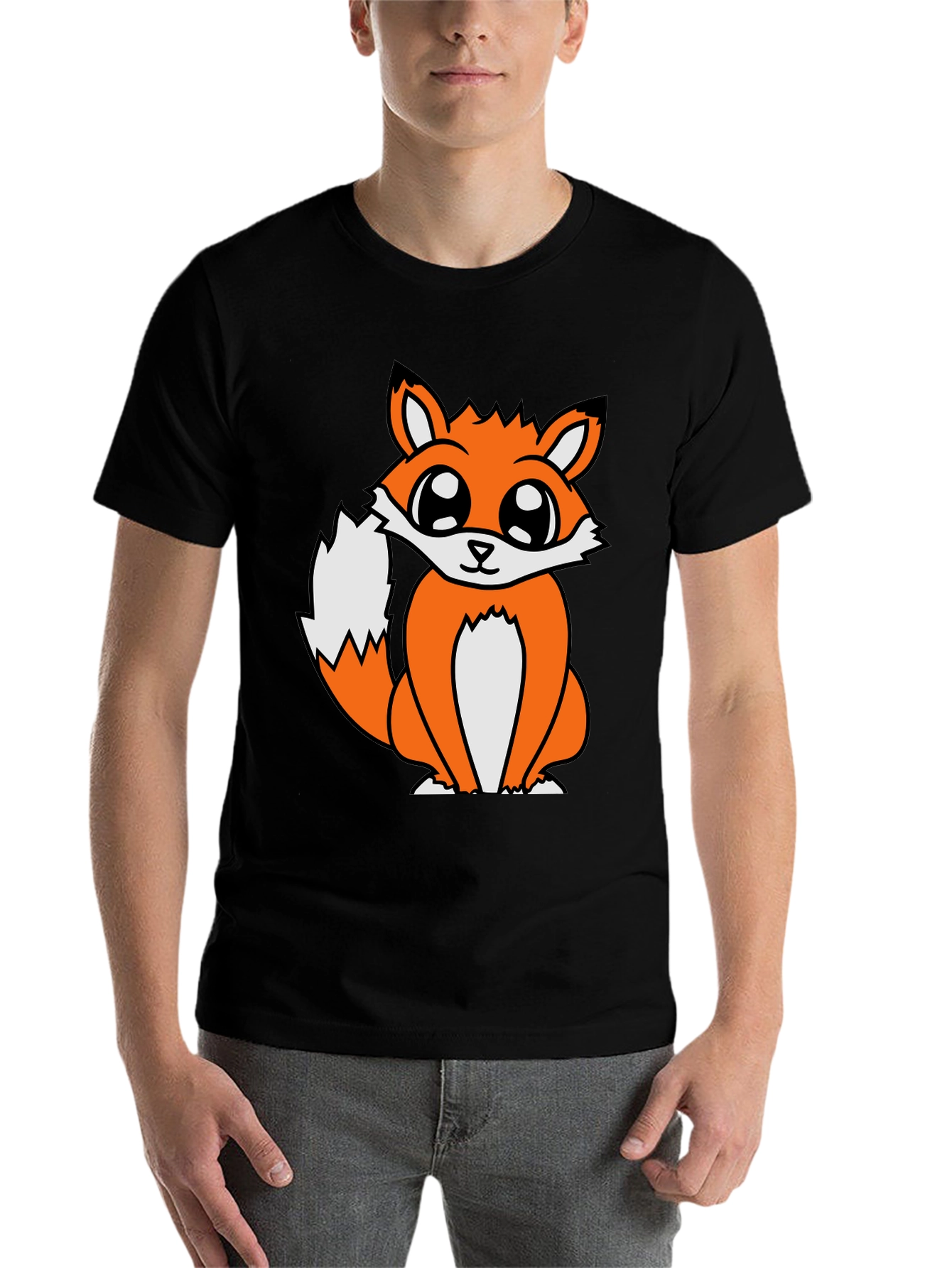 Black Cute Cartoon Fox Graphic T-Shirt - Black view 7