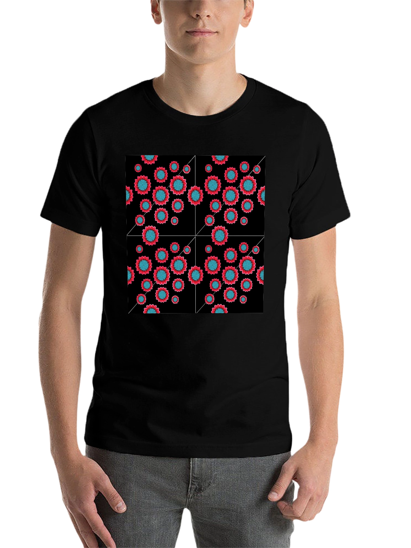 Black Floral Grid Black T-Shirt - Modern Geometric Style view 7
