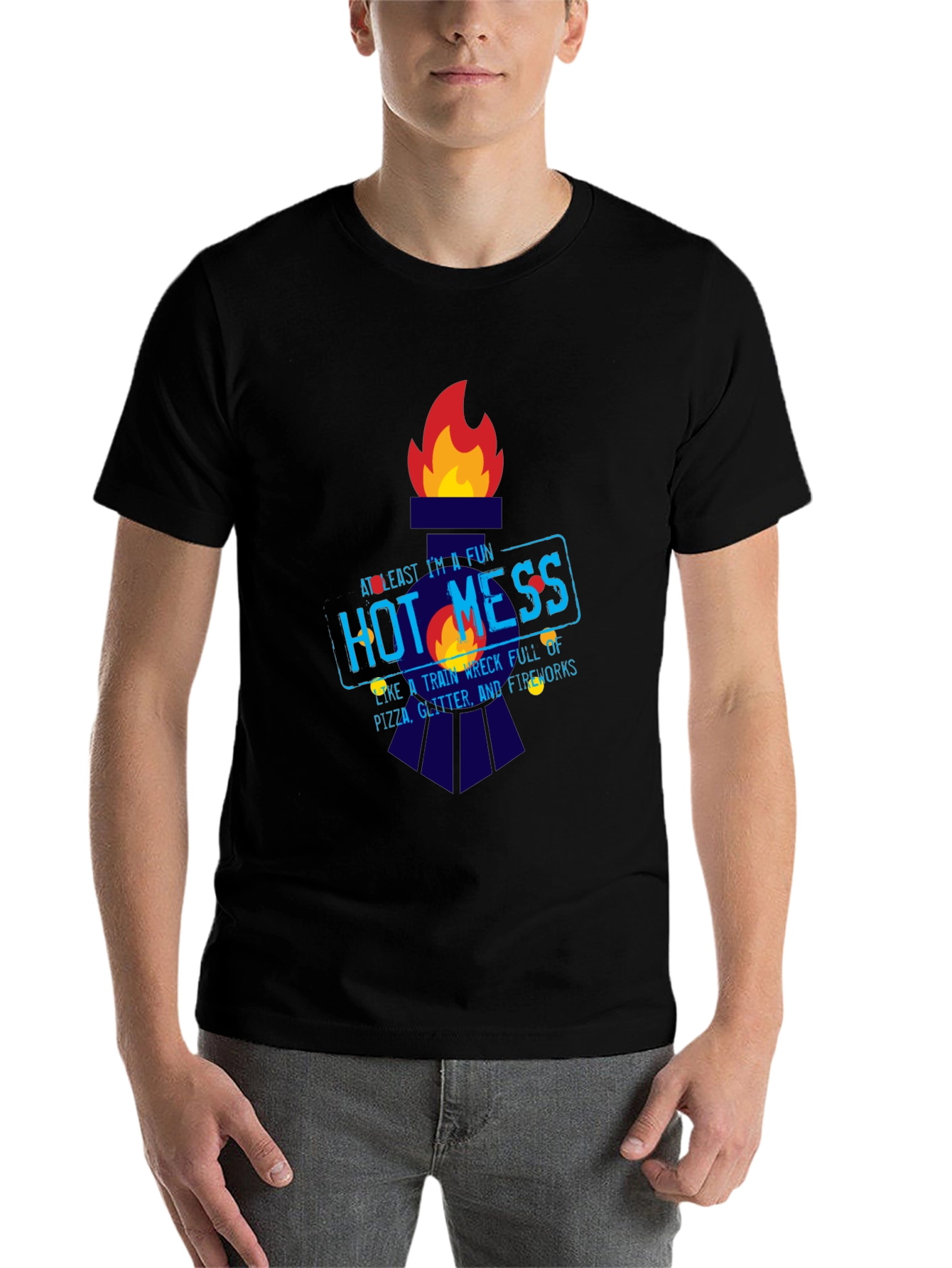 Black Fun Hot Mess Graphic Tee - Pizza Glitter Fireworks view 7