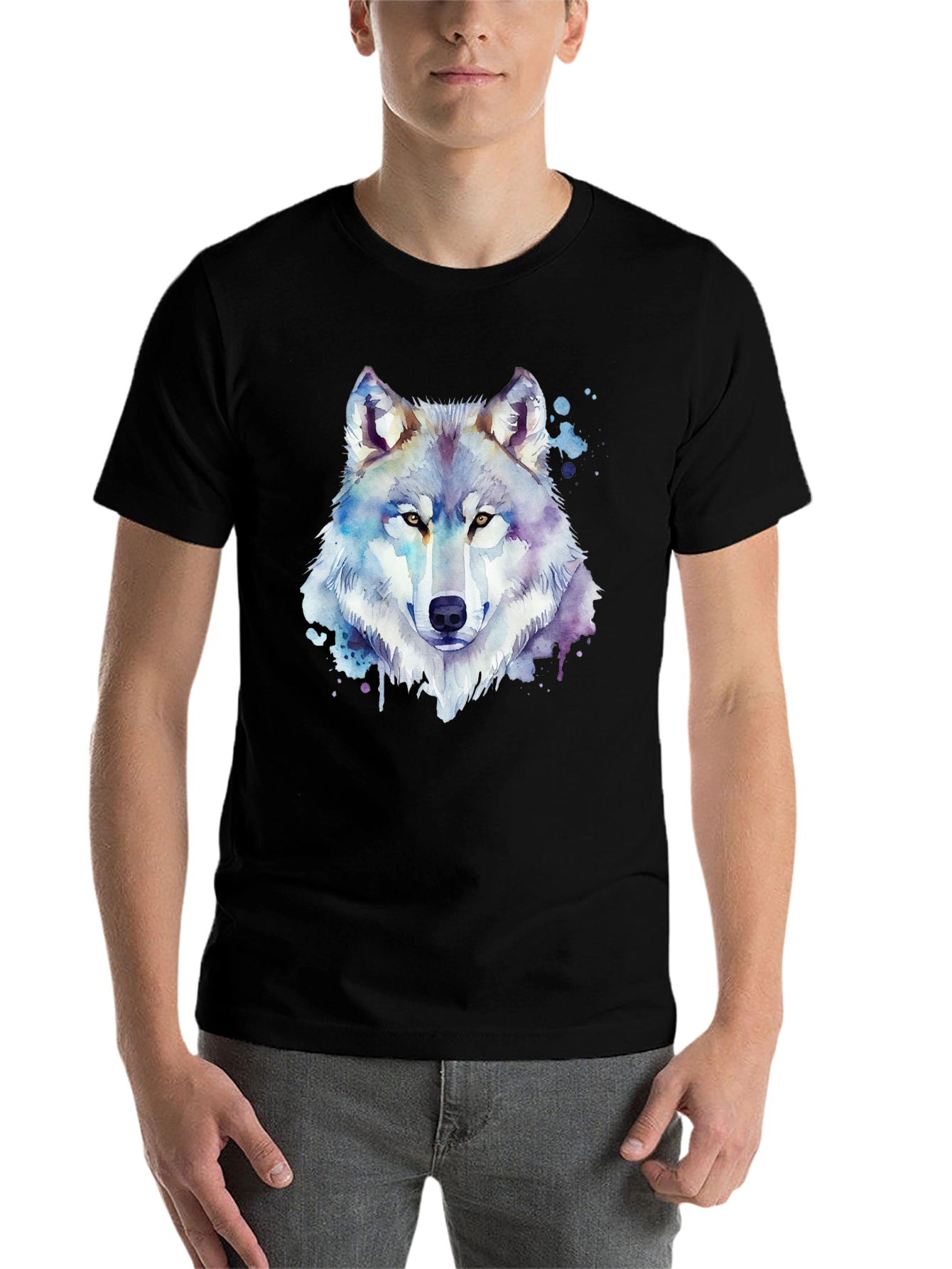 Black Watercolor Wolf Graphic Black T-Shirt view 7