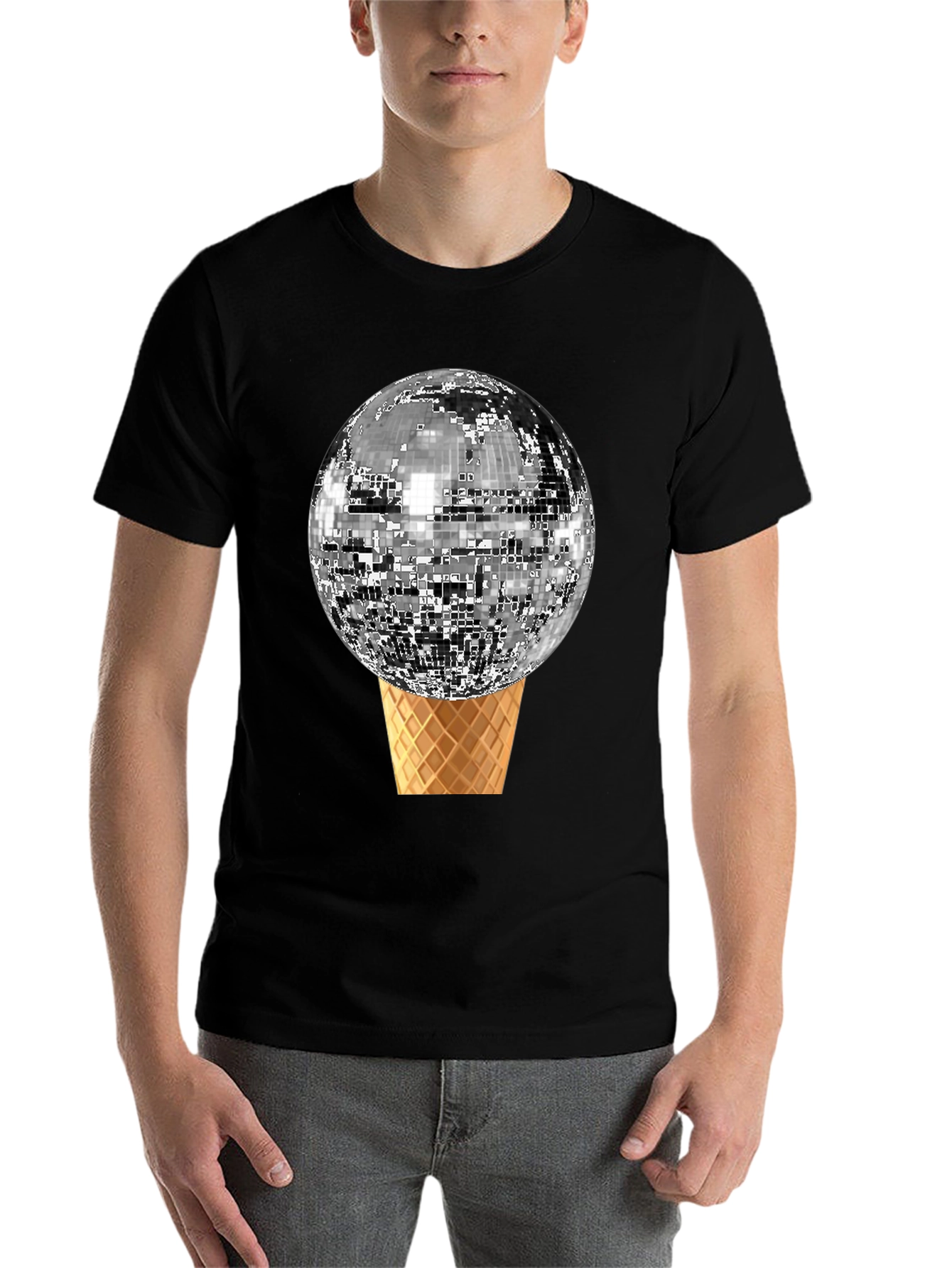 Black Disco Ball Ice Cream Cone Graphic Tee view 7