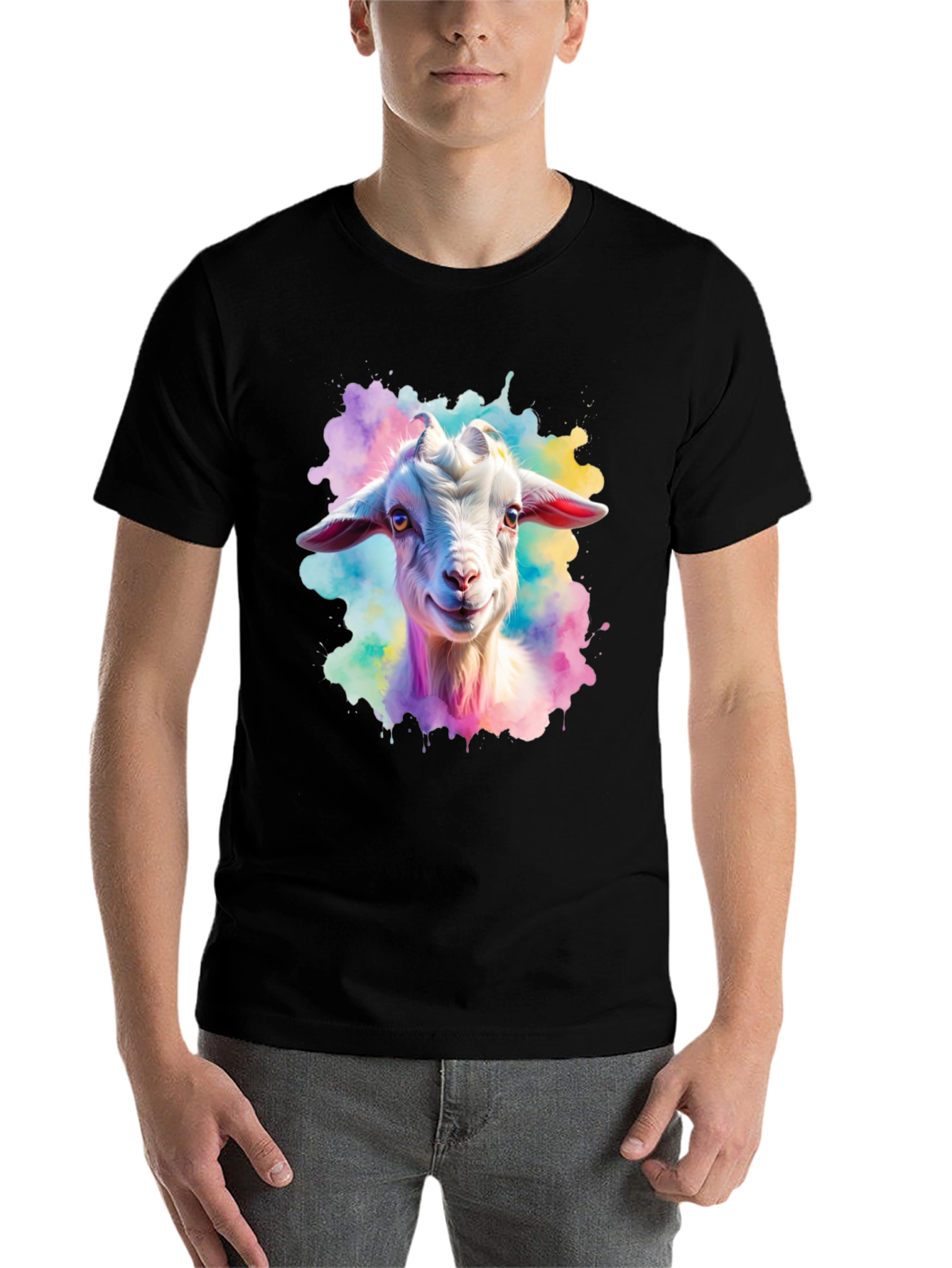 Black Goat Watercolor Graphic Print Black T-Shirt view 7