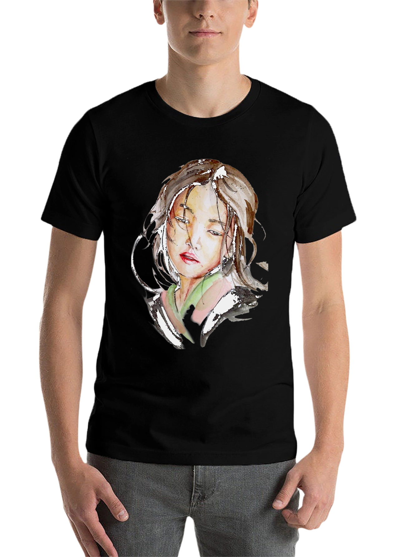 Black Watercolor Portrait Graphic Black T-Shirt view 7