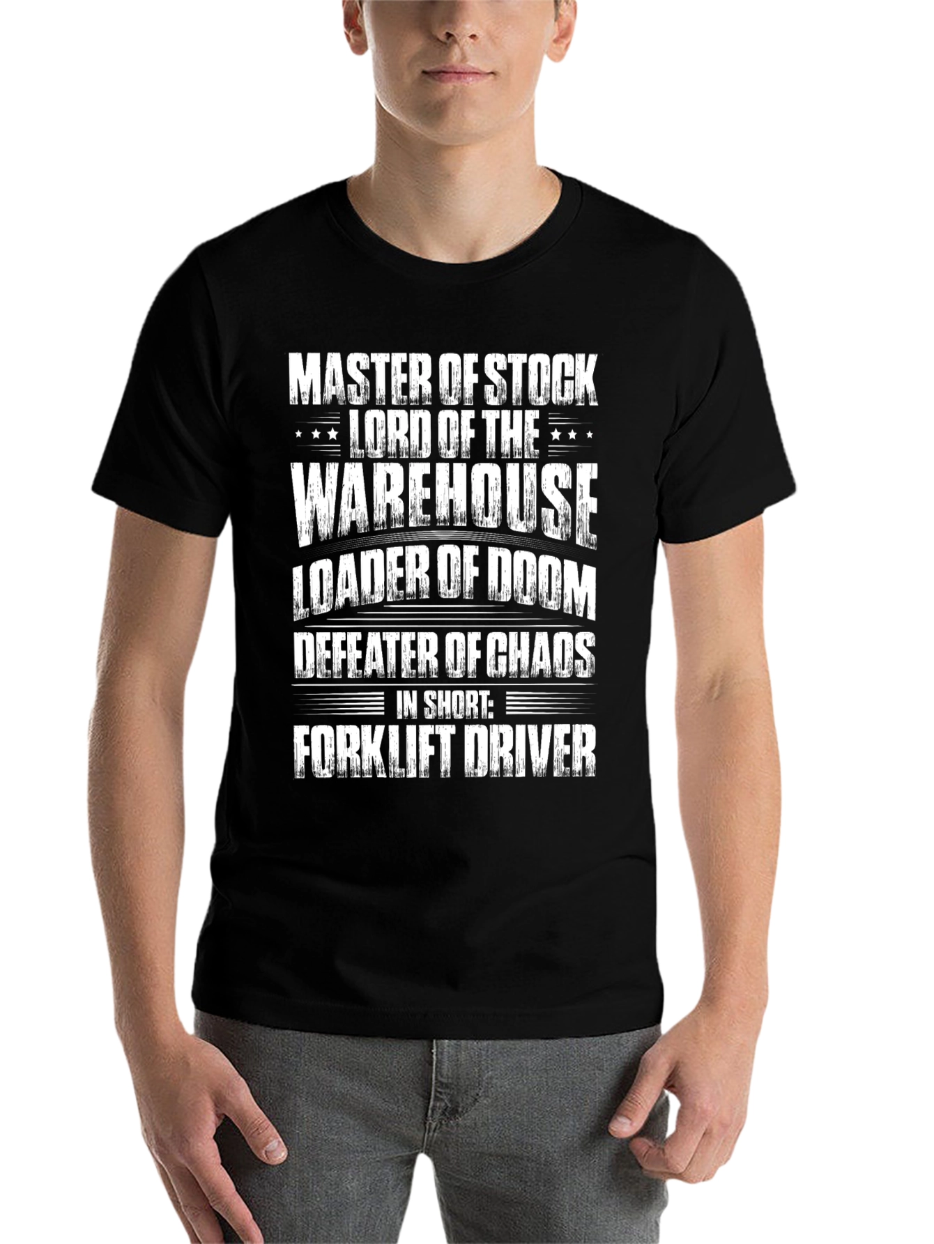 Black Forklift Driver T-Shirt: Master of Stock & Warehouse Lord view 7