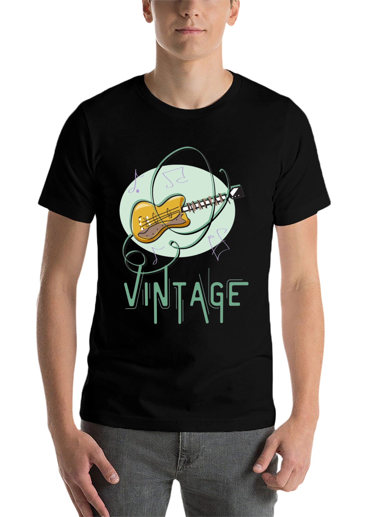 Black Vintage Guitar Music T-Shirt view 7