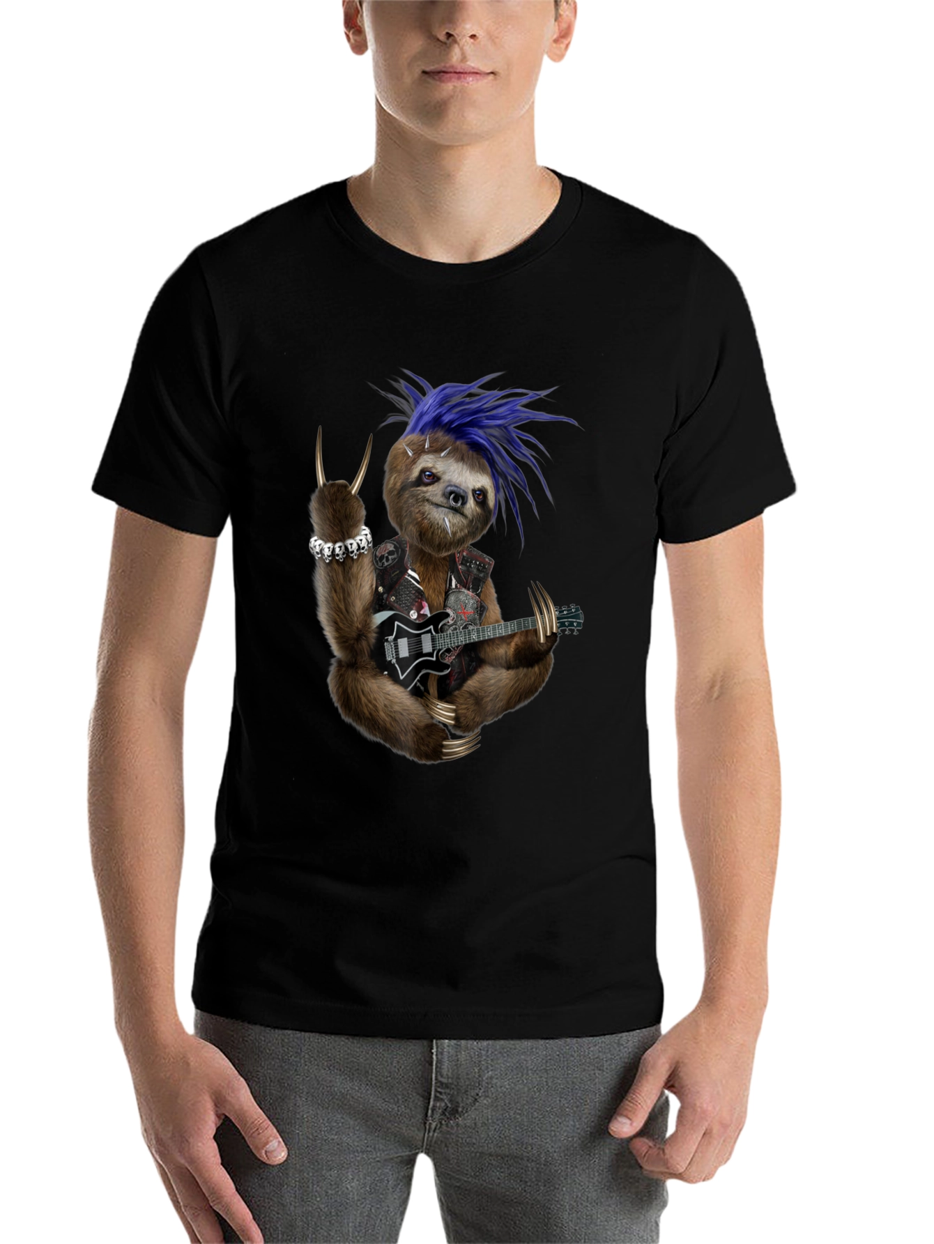 Black Rocking Sloth T-Shirt - Heavy Metal Animal Tee view 7