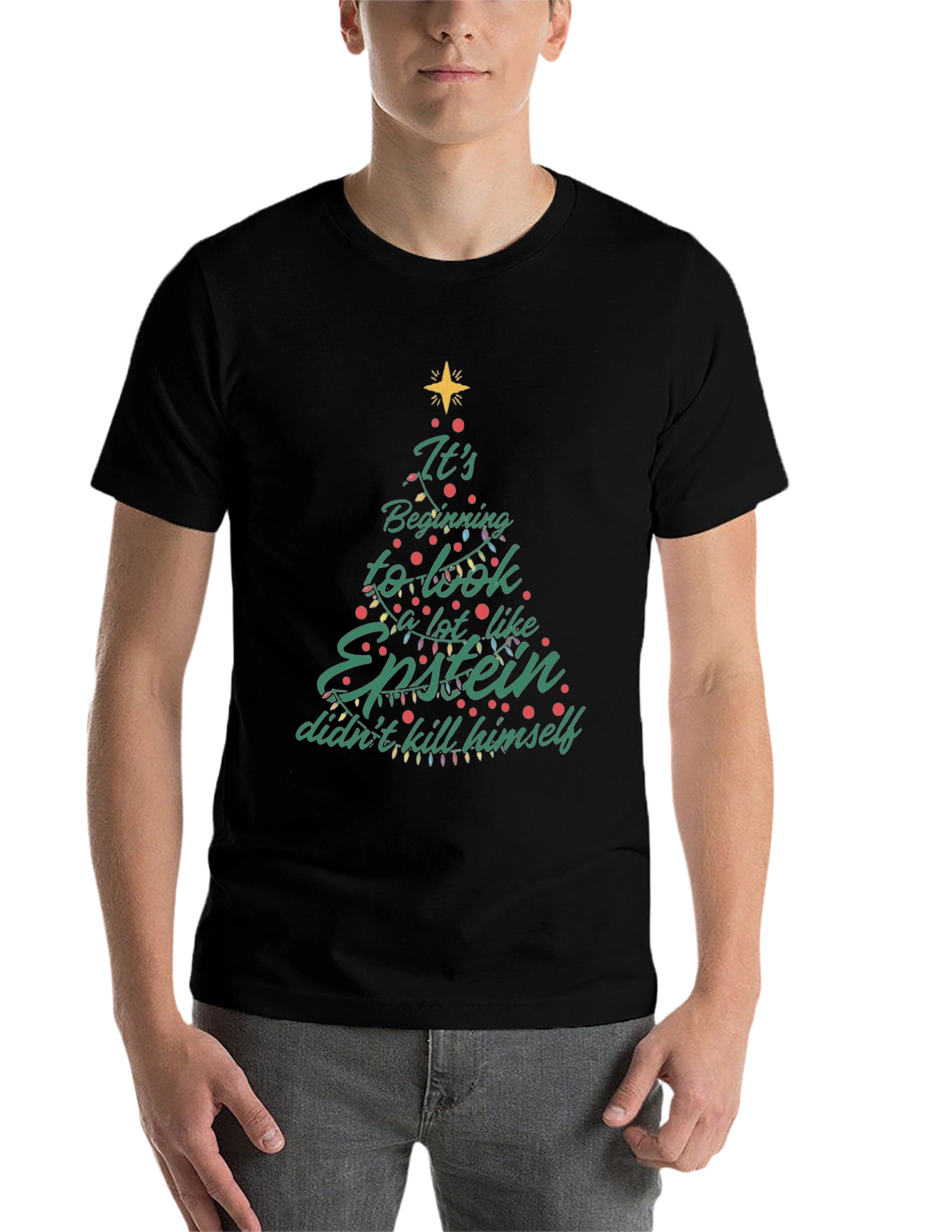 Black Epstein Didn't Kill Himself Christmas Tree T-Shirt view 7