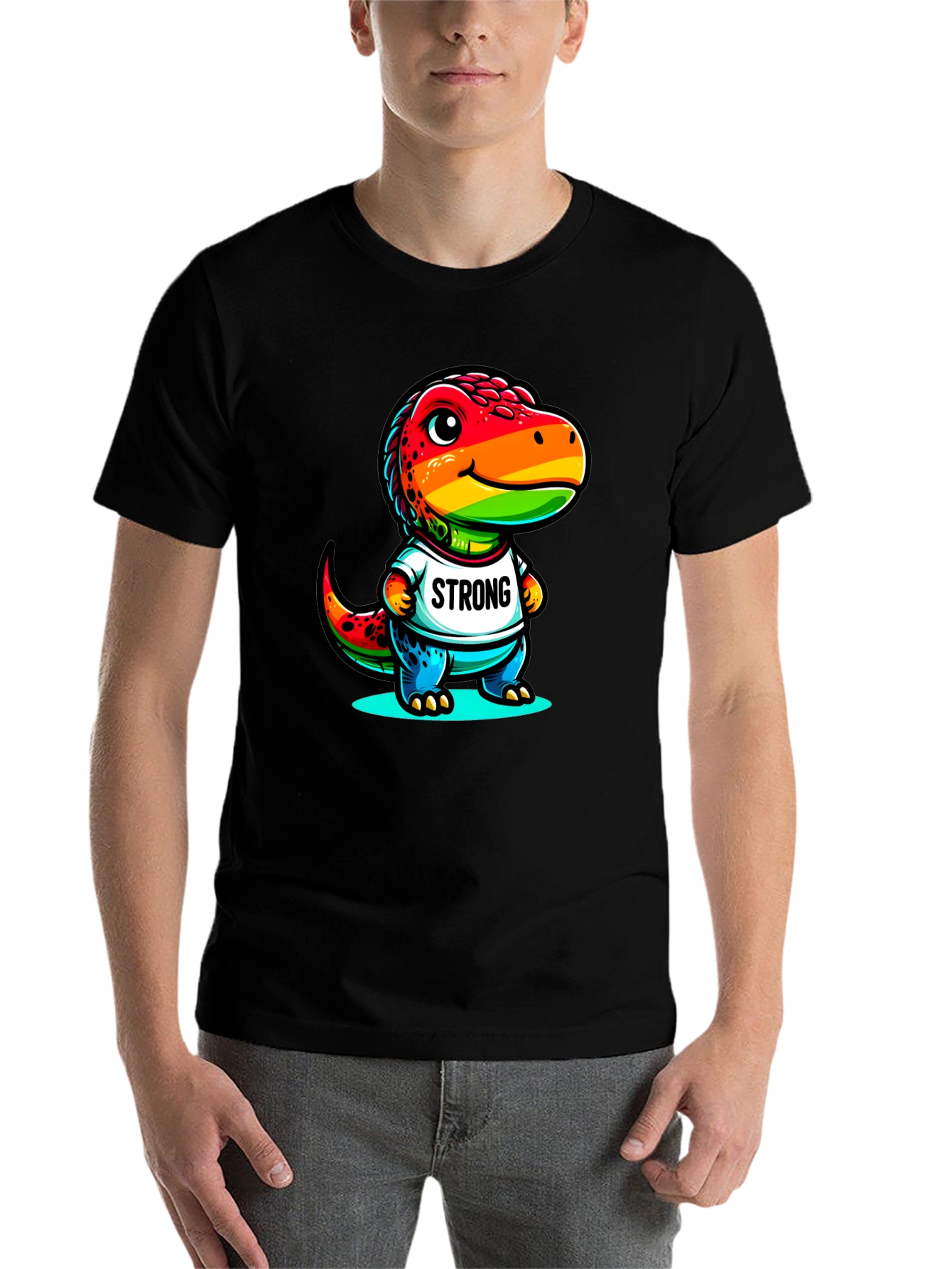Black Rainbow Dinosaur Strong T-Shirt view 7