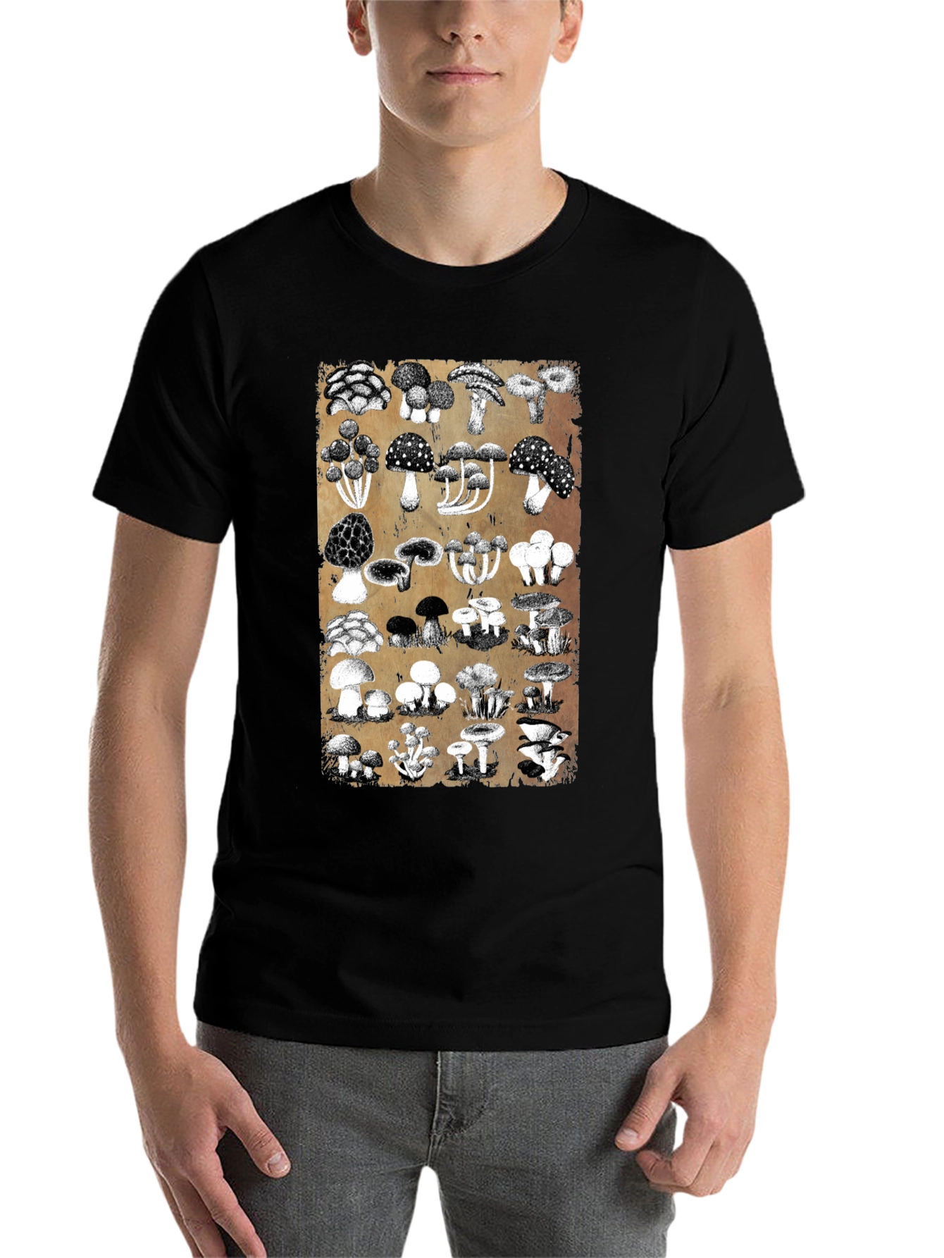 Black Mushroom Print Black T-Shirt - Nature Lover's Tee view 7