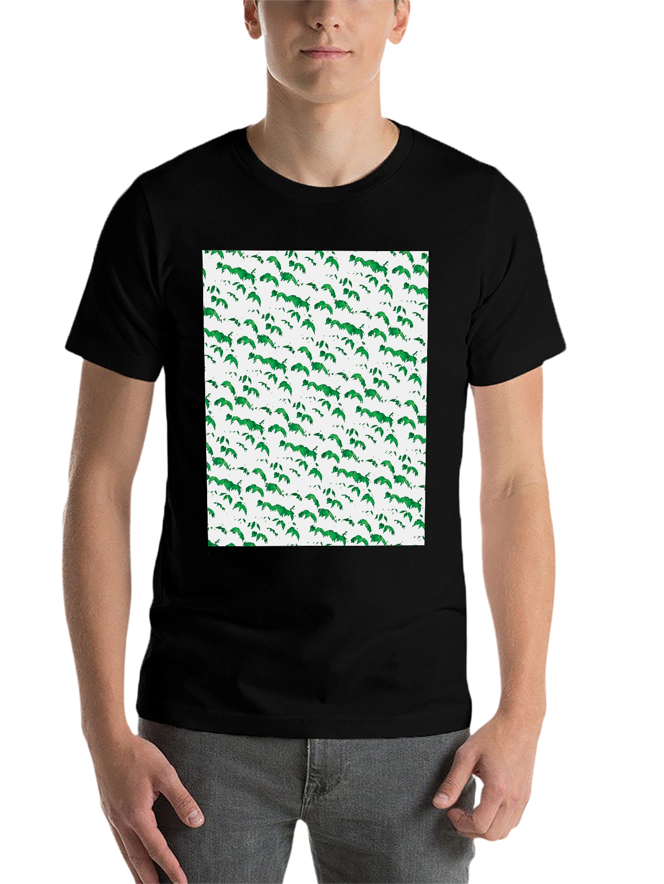 Black Green Leaf Pattern Black T-Shirt view 7