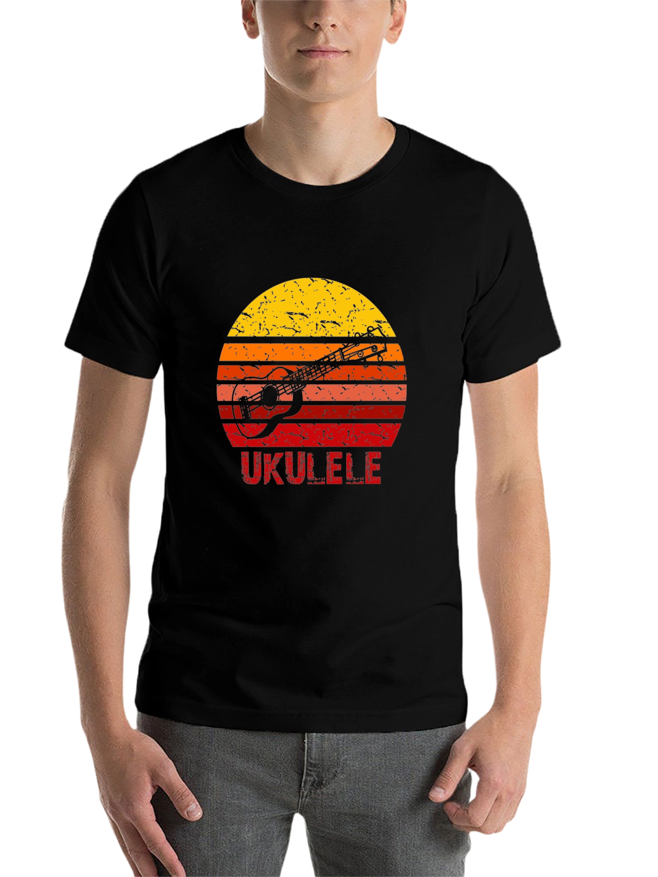 Black Vintage Ukulele Sunset Graphic T-Shirt view 7