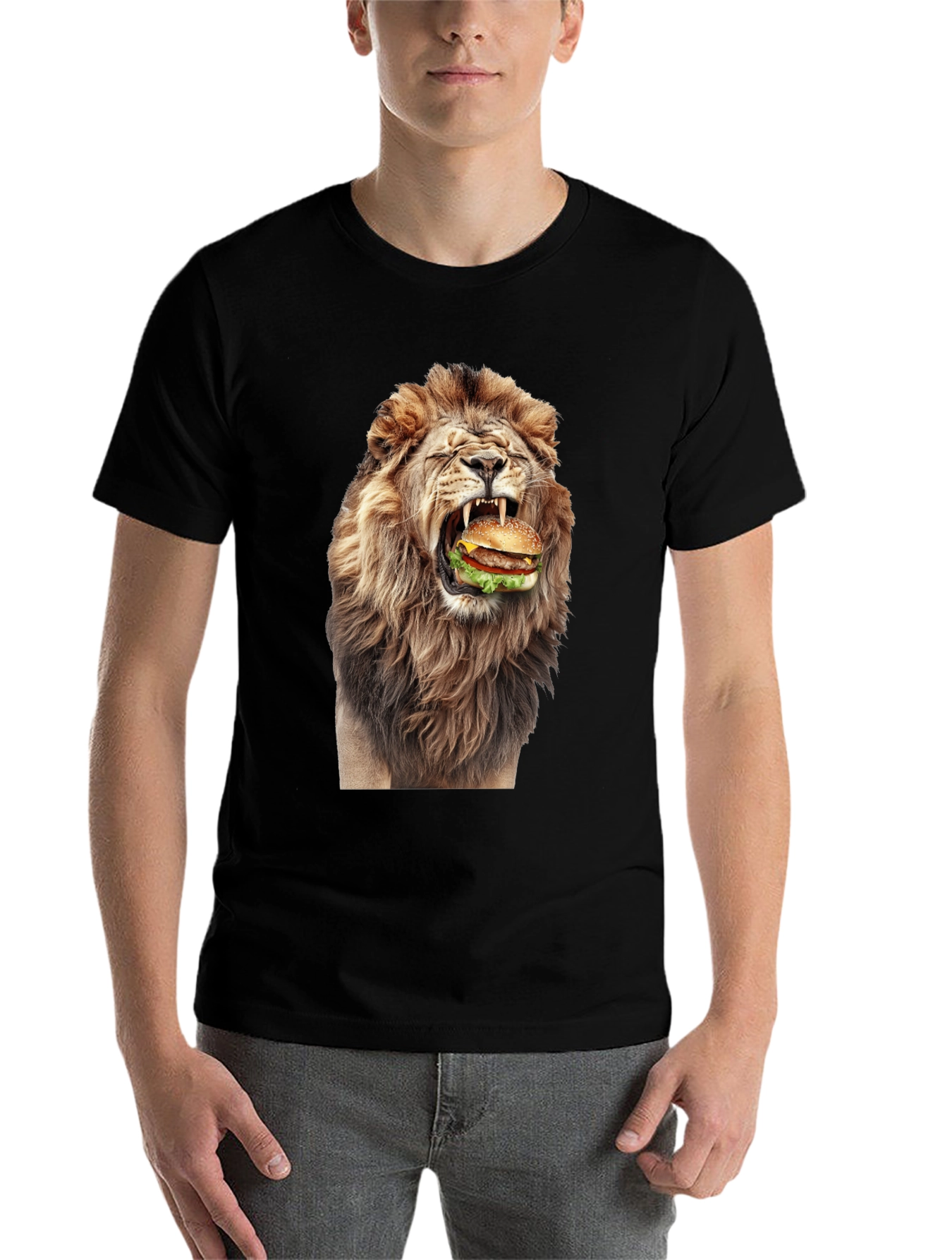 Black Lion Eating Burger Graphic T-Shirt - Black view 7